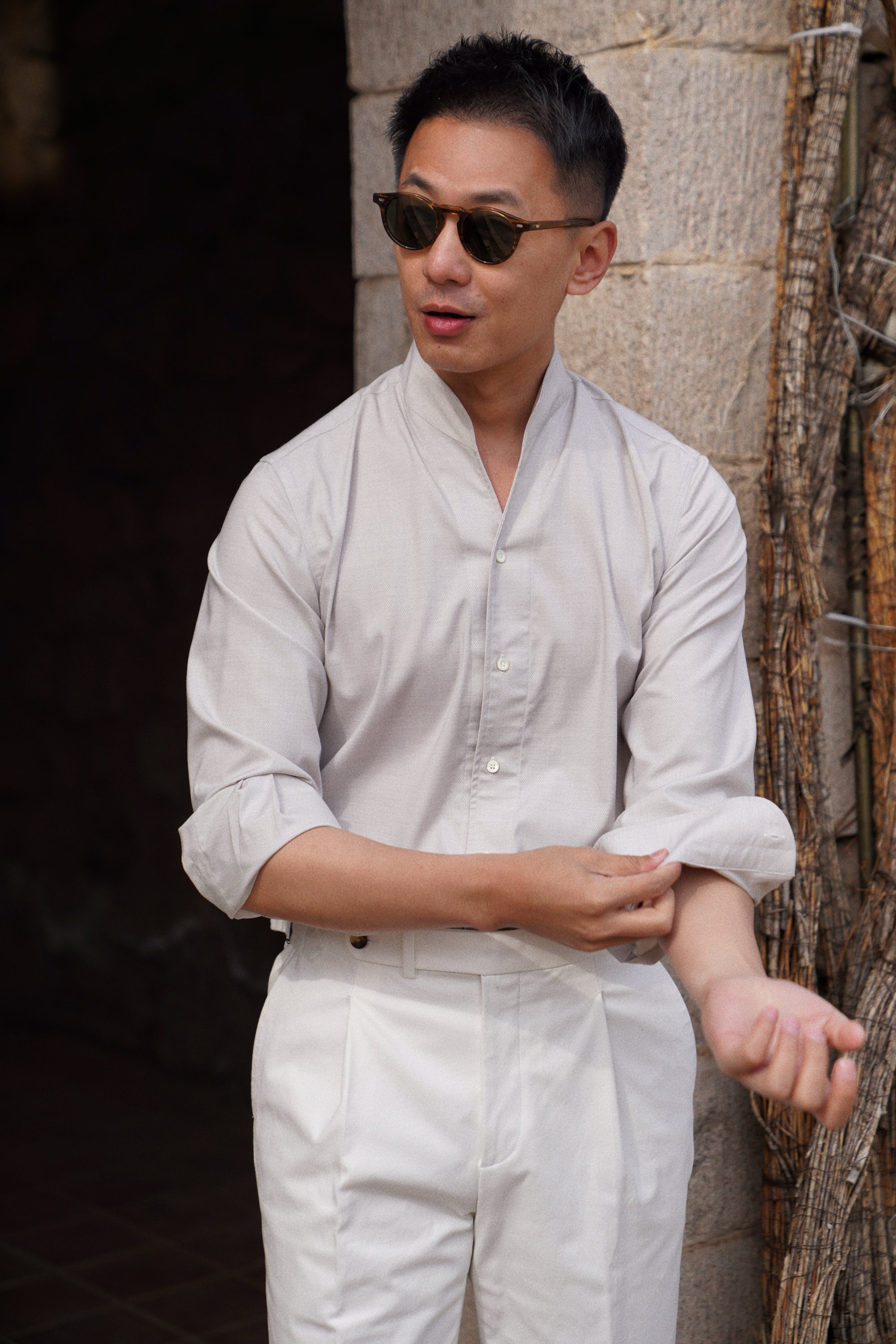 Oatmeal Mandarin Collar Blending Shirt #DH37