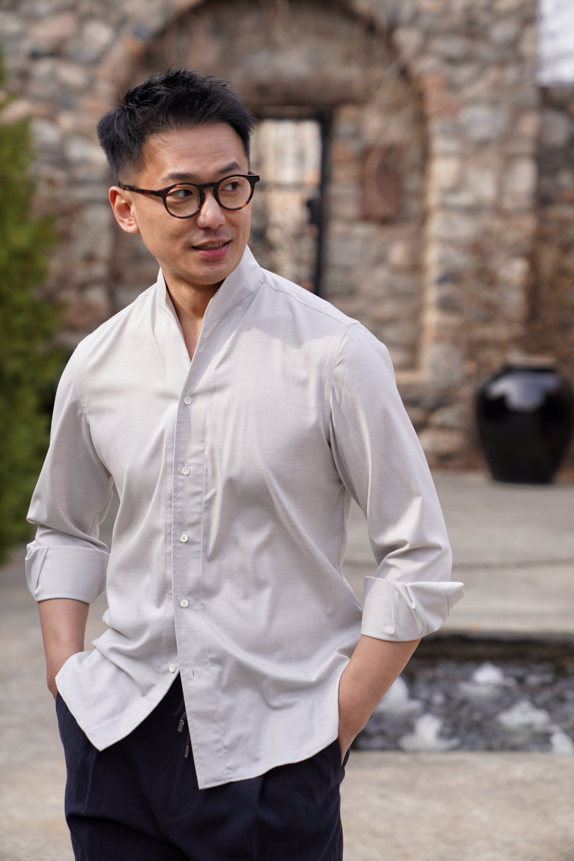 Oatmeal Mandarin Collar Blending Shirt #DH37