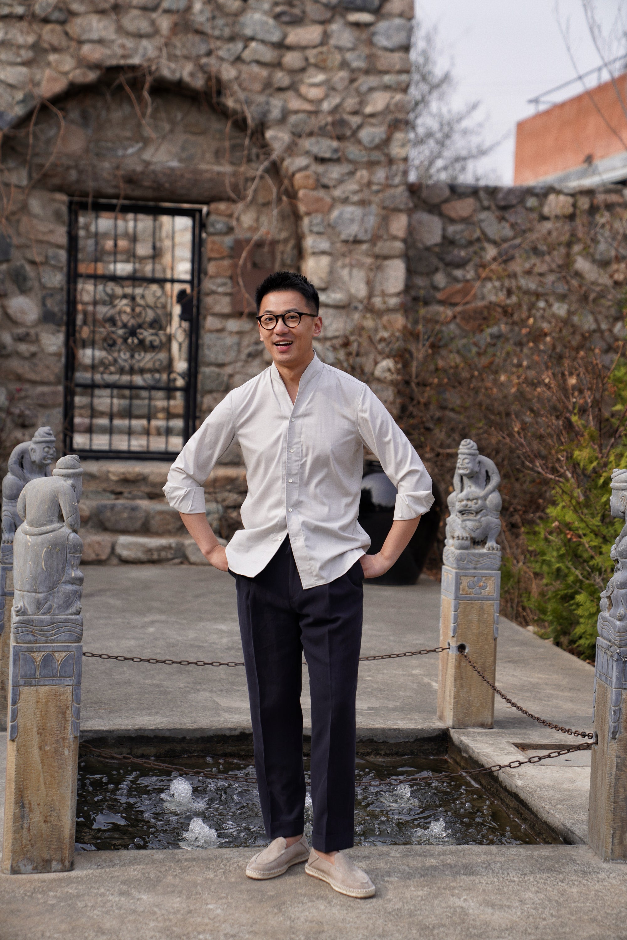 Oatmeal Mandarin Collar Blending Shirt #DH37
