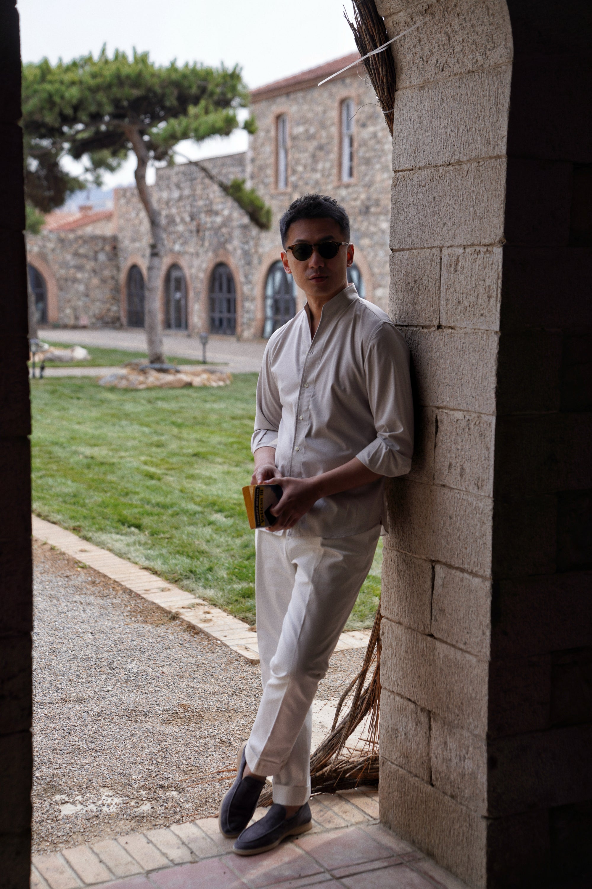 Oatmeal Mandarin Collar Blending Shirt #DH37