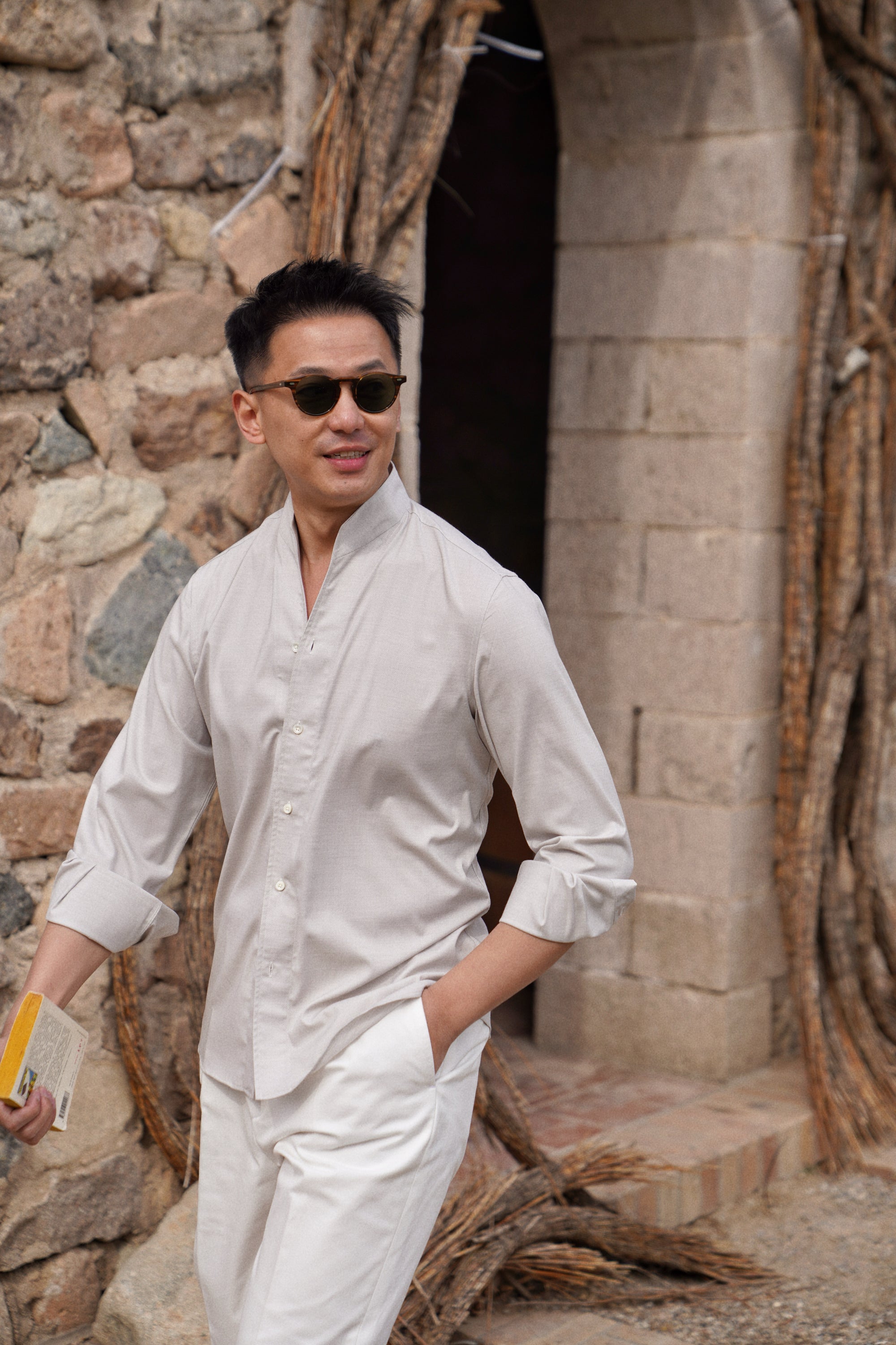 Oatmeal Mandarin Collar Blending Shirt #DH37