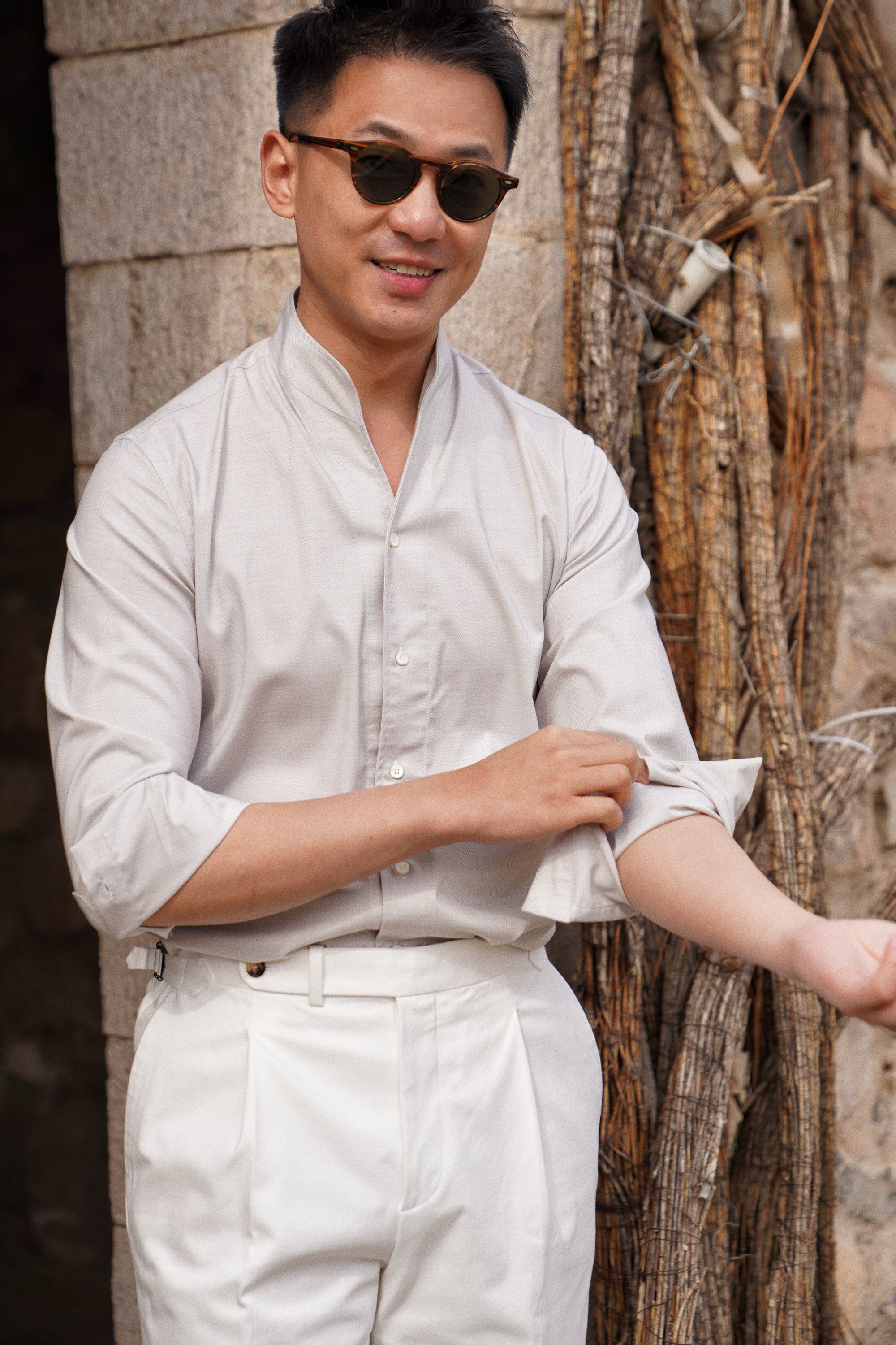 Oatmeal Mandarin Collar Blending Shirt #DH37