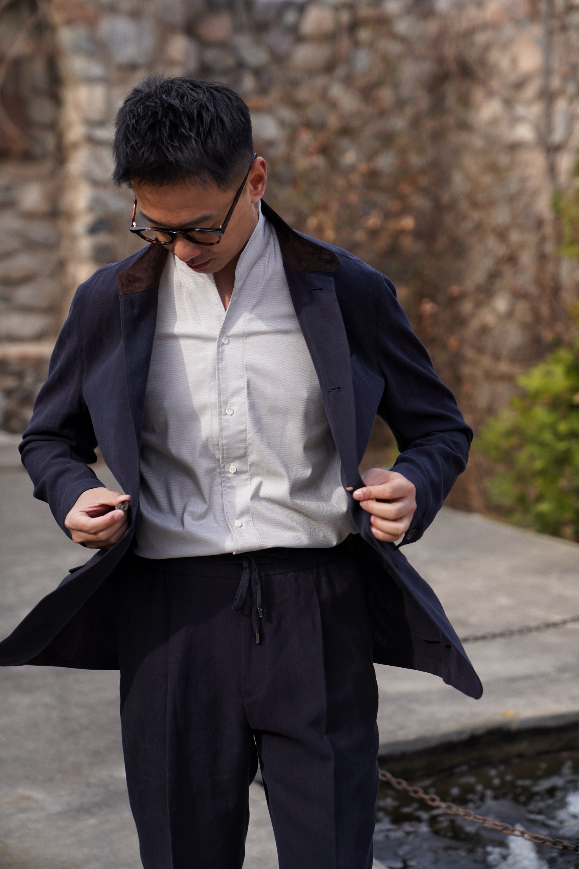 Oatmeal Mandarin Collar Blending Shirt #DH37