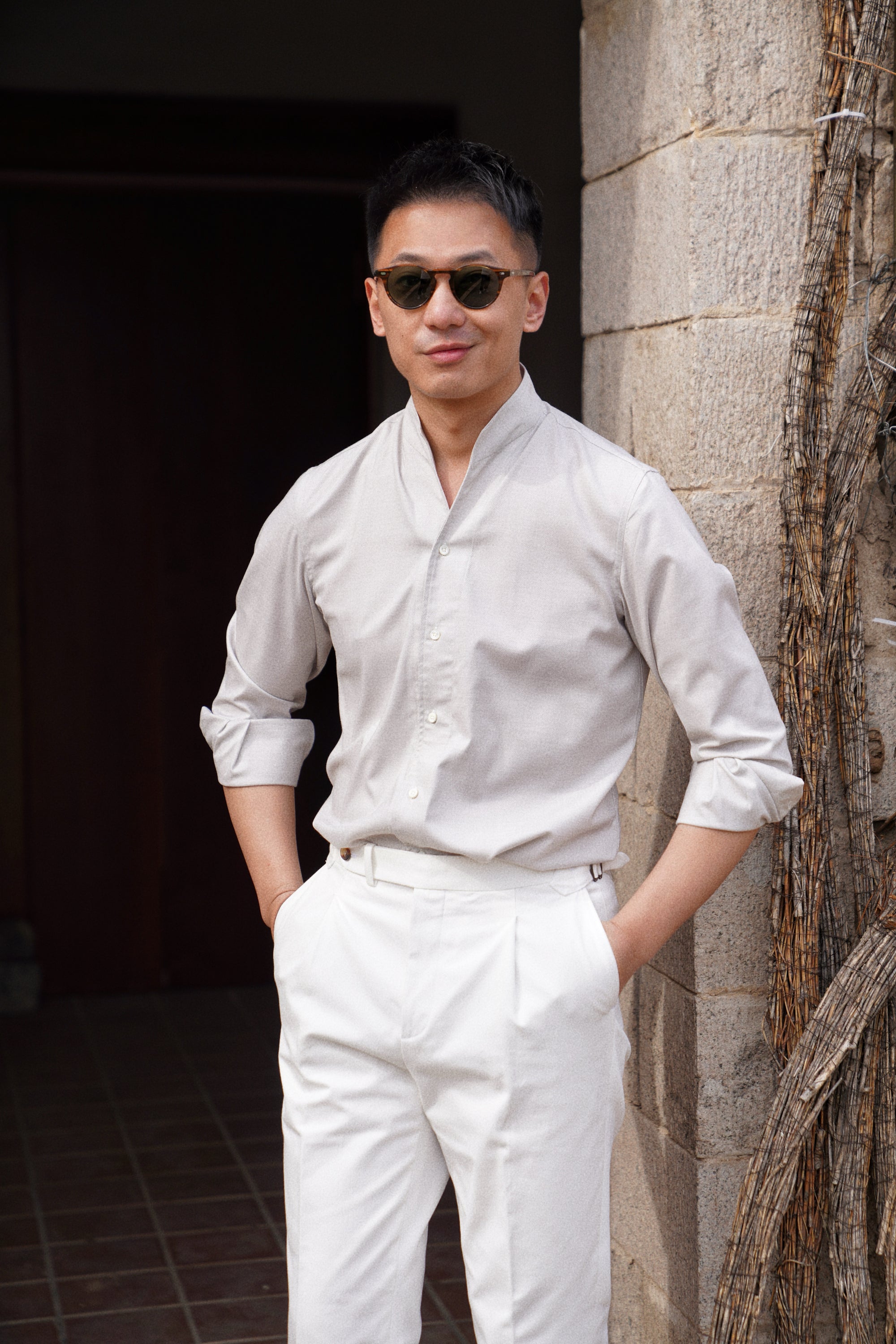 Oatmeal Mandarin Collar Blending Shirt #DH37