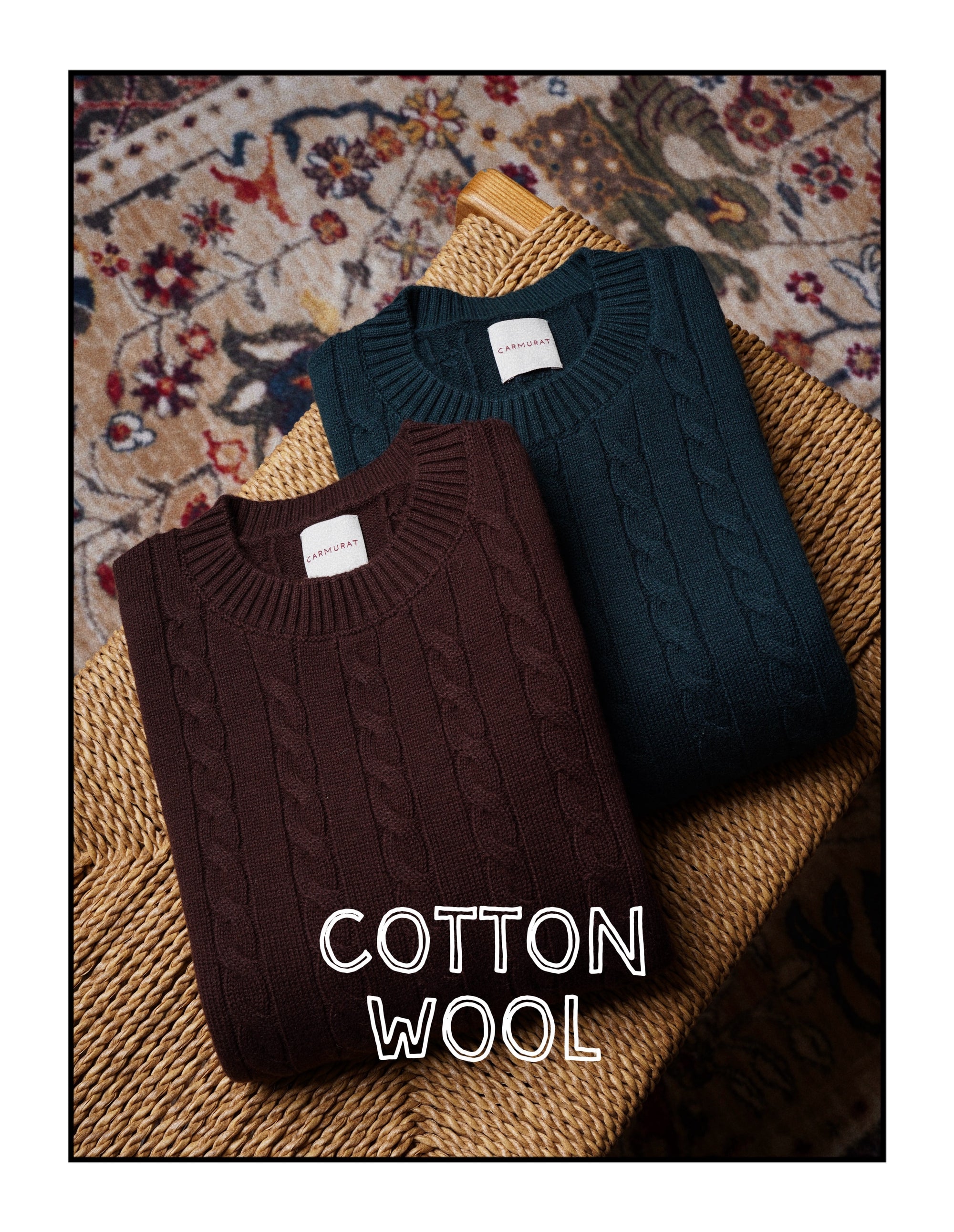 Burgundy / Forest Crew Neck Cable Knit Jumper