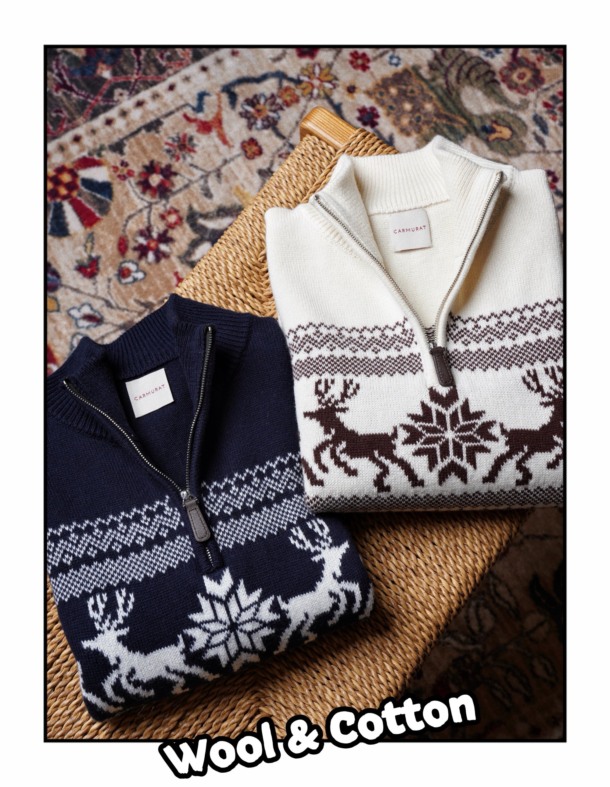 Cotton Wool Blending Patterned Half Zip Jumper