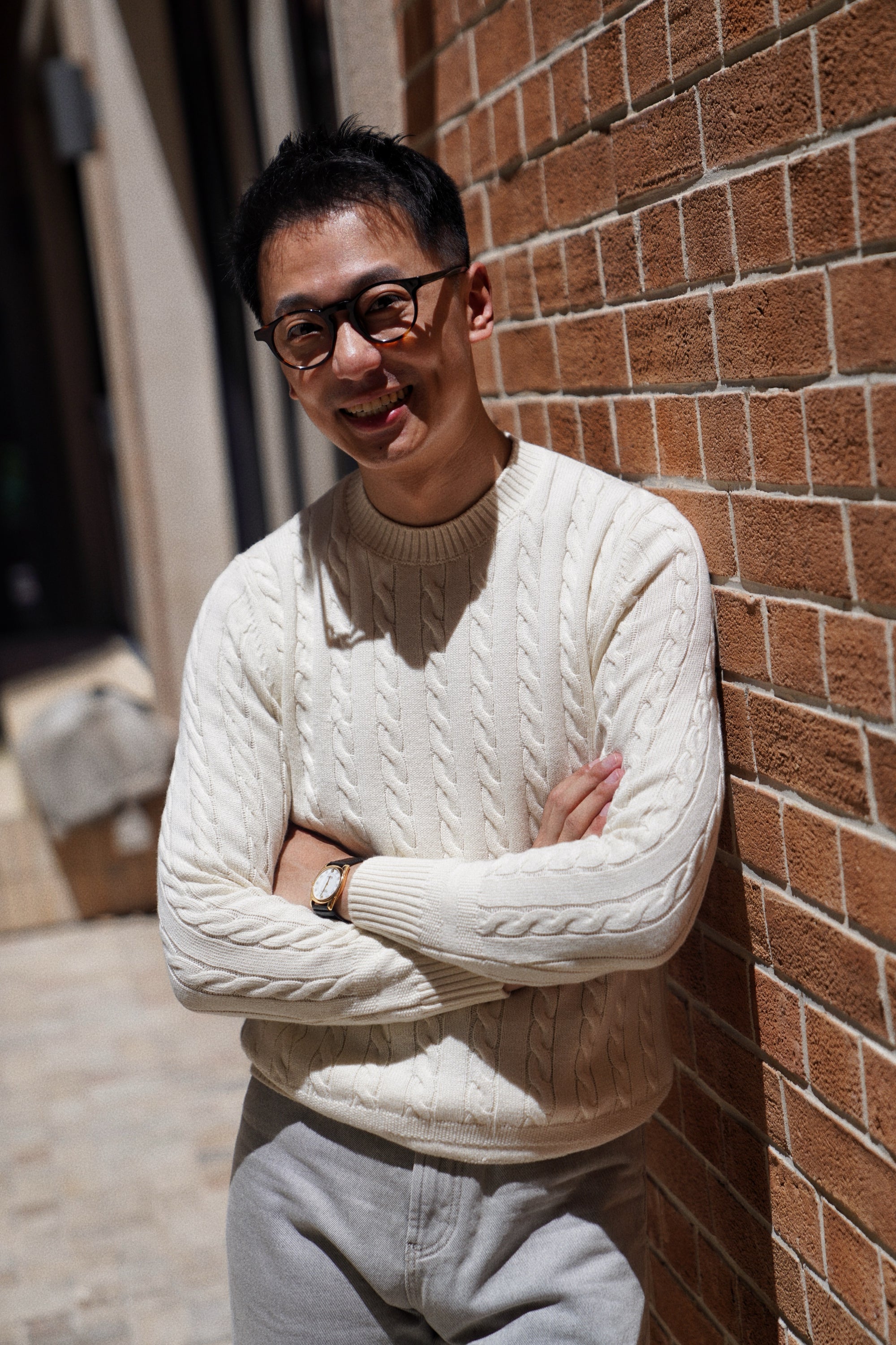 Ivory / Navy / Grey Crew Neck Cable Knit Jumper