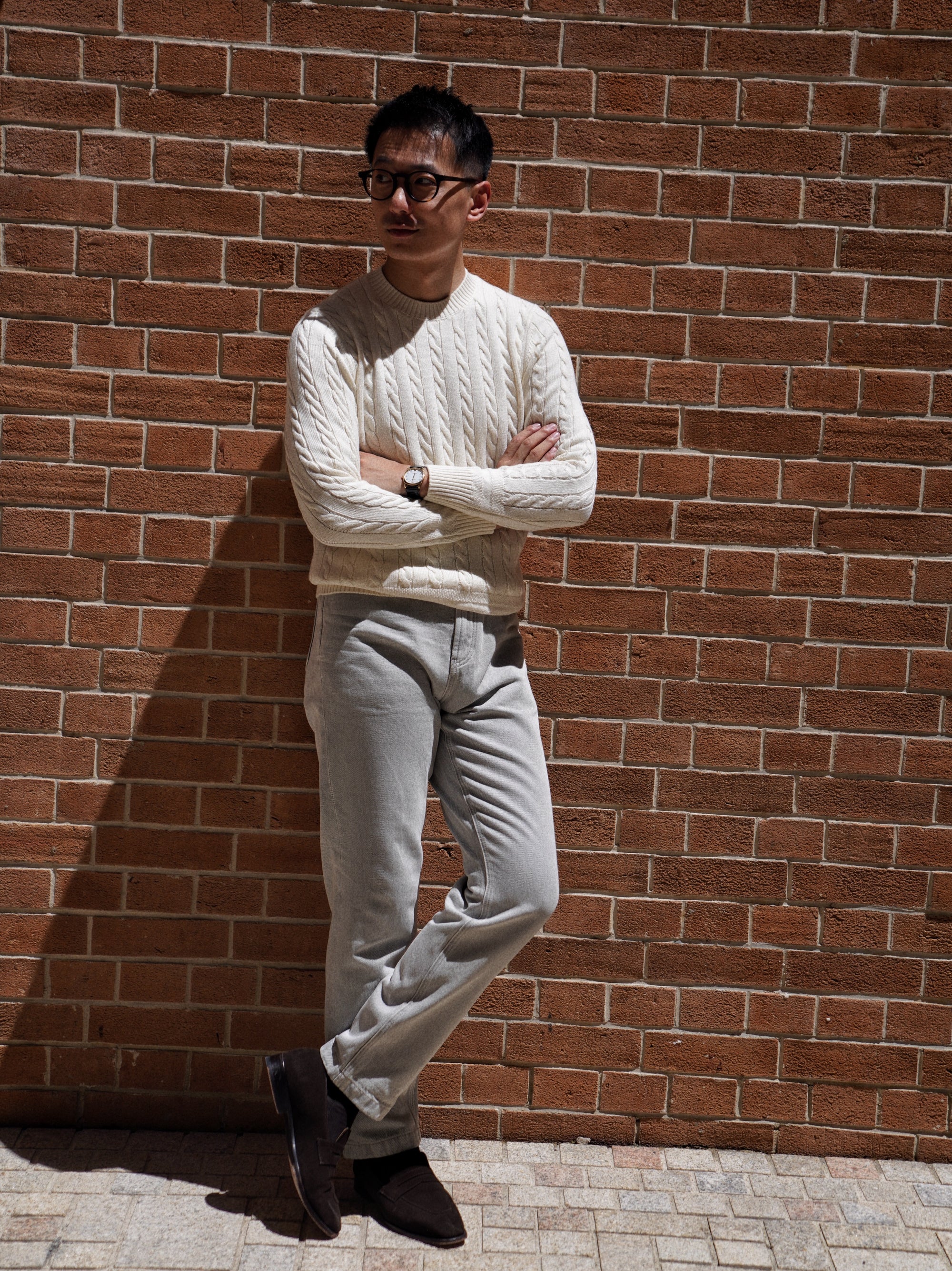 Ivory / Navy / Grey Crew Neck Cable Knit Jumper