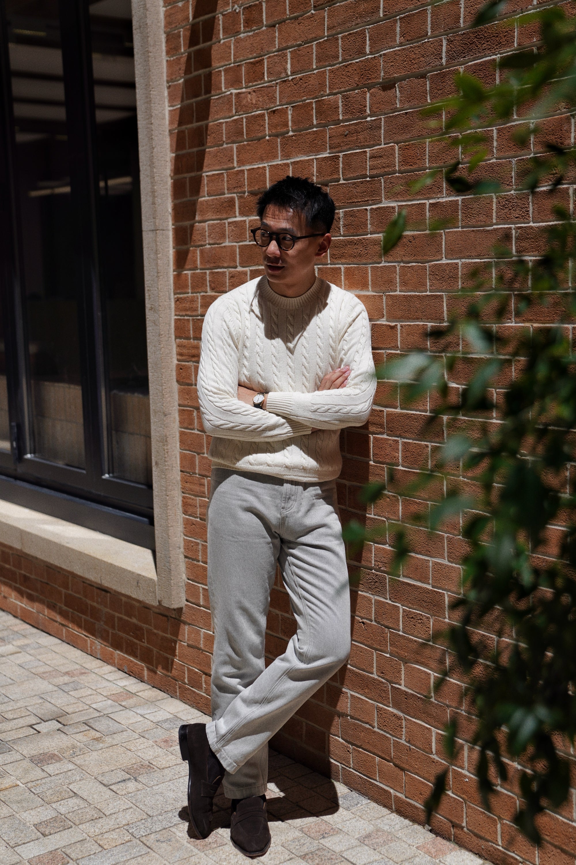 Ivory / Navy / Grey Crew Neck Cable Knit Jumper
