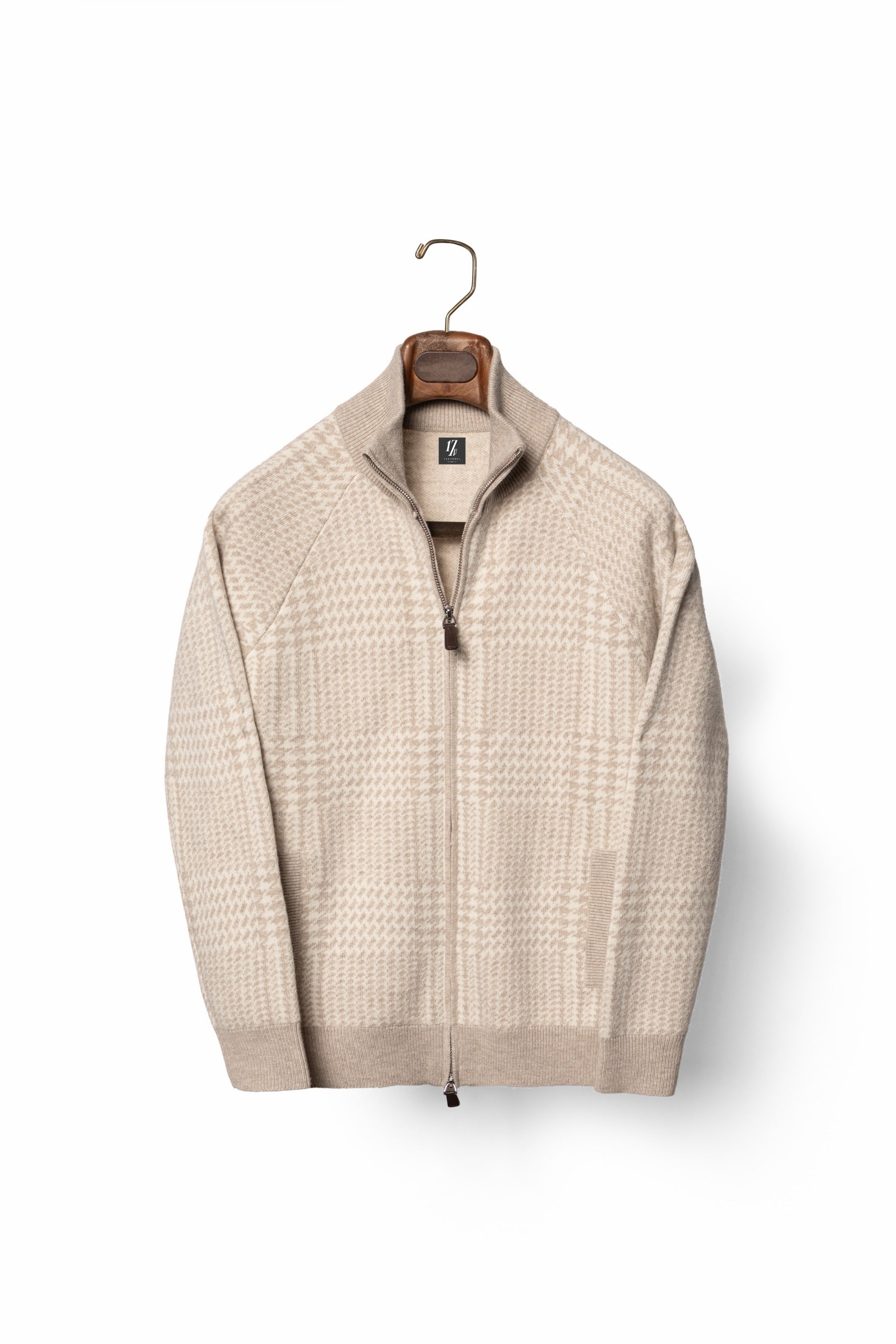 Camel Glen Check 17 Micron Wool Zip Cardigan