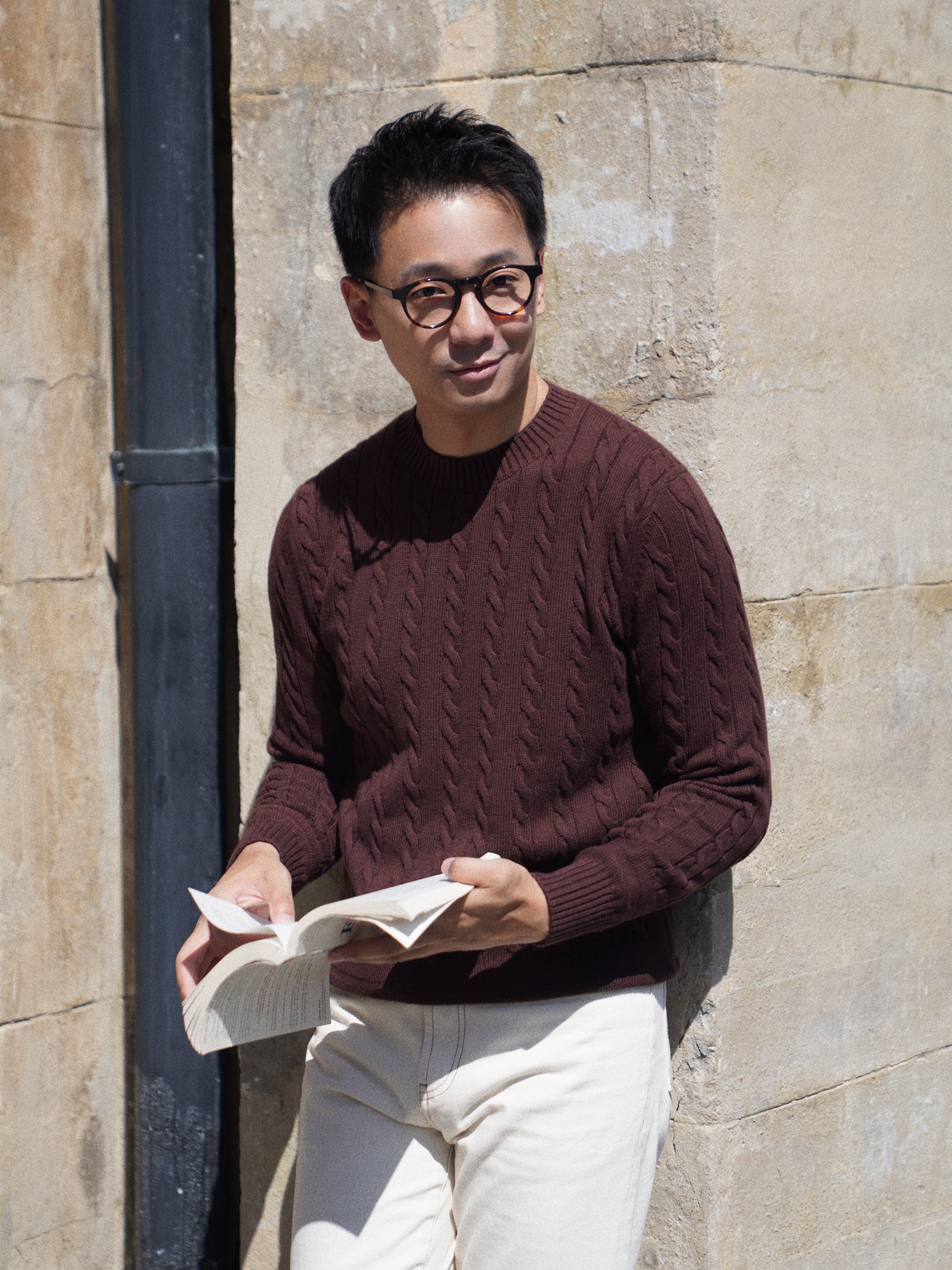 Burgundy / Forest Crew Neck Cable Knit Jumper