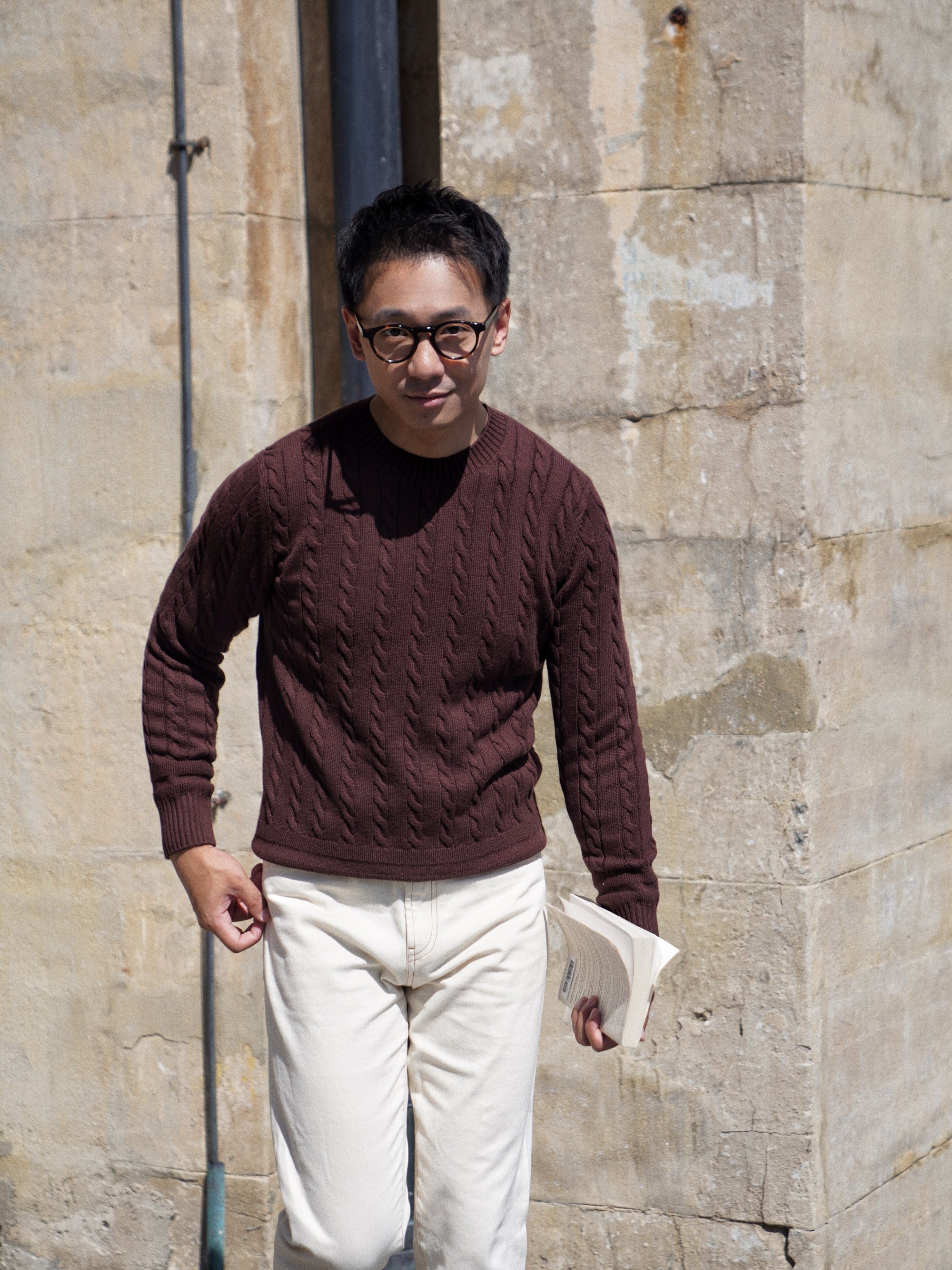 Burgundy / Forest Crew Neck Cable Knit Jumper