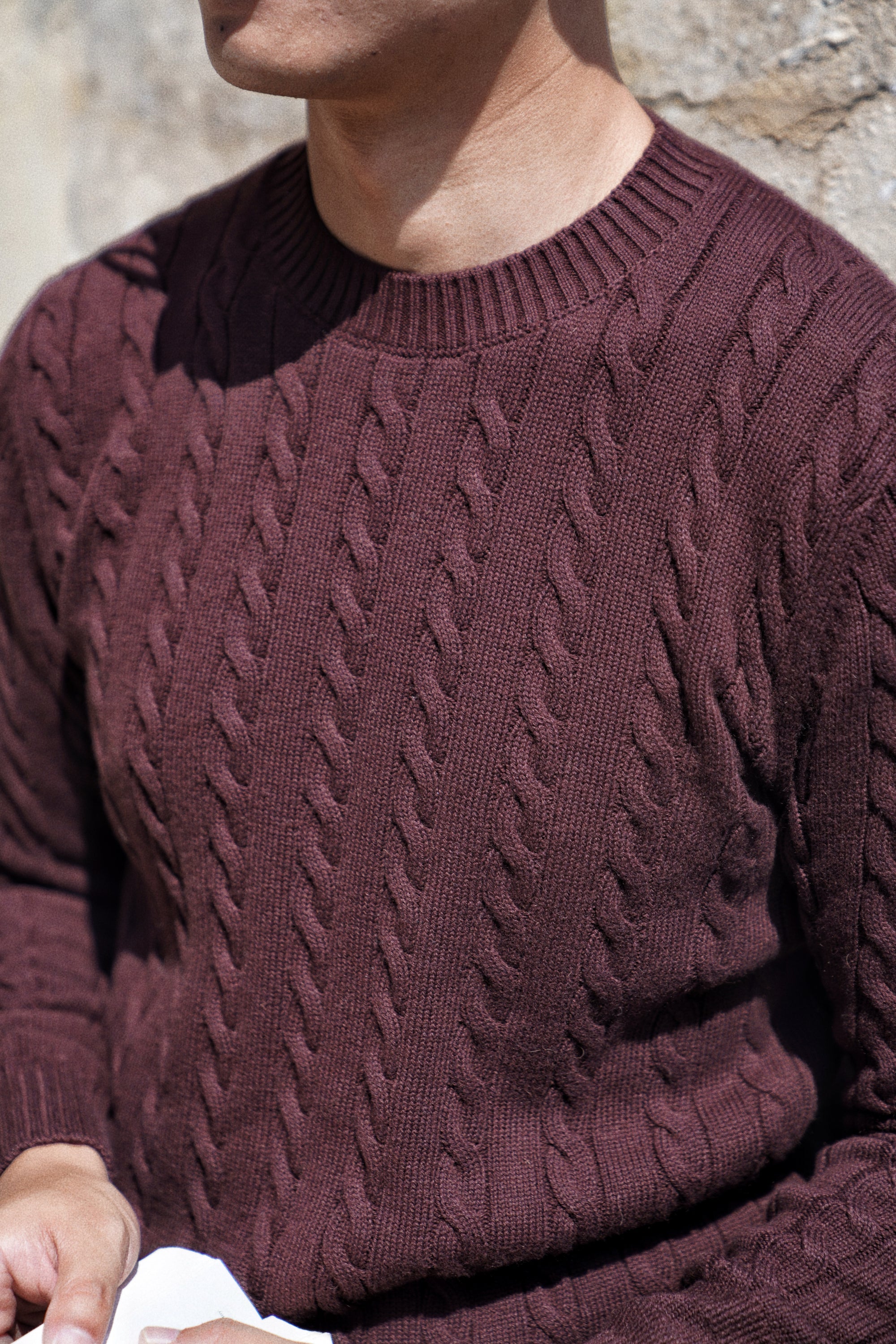 Burgundy / Forest Crew Neck Cable Knit Jumper