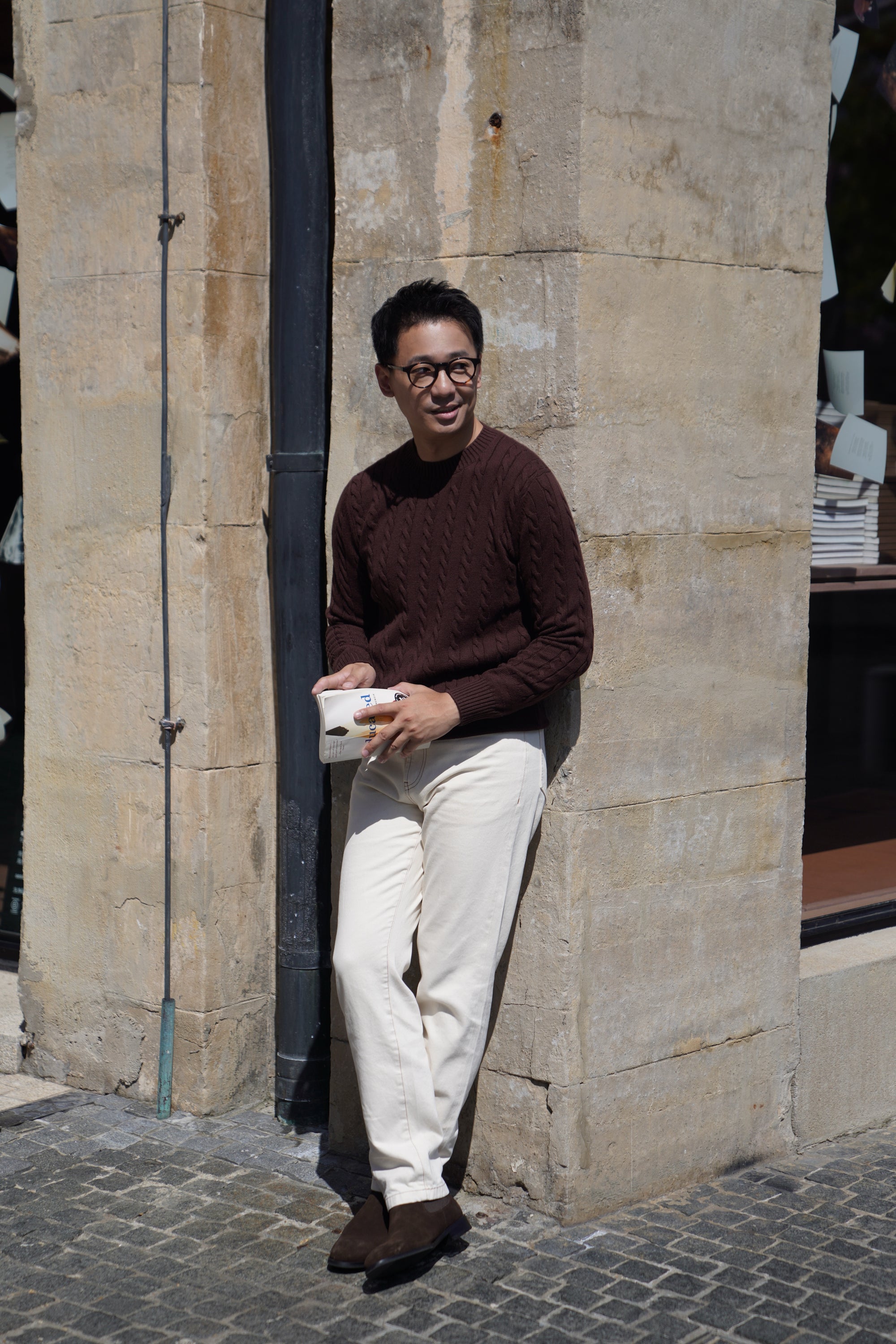 Burgundy / Forest Crew Neck Cable Knit Jumper