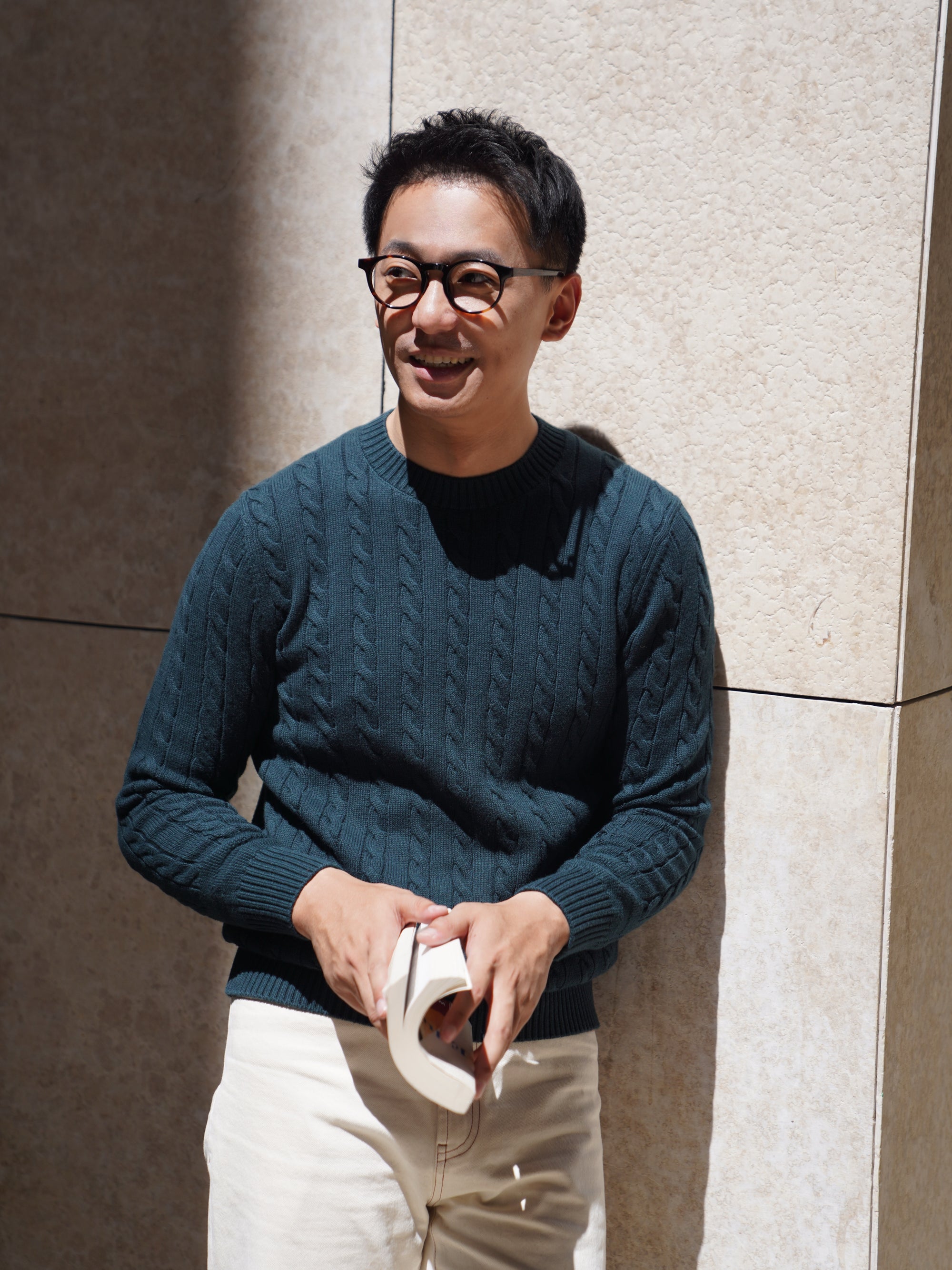 Burgundy / Forest Crew Neck Cable Knit Jumper