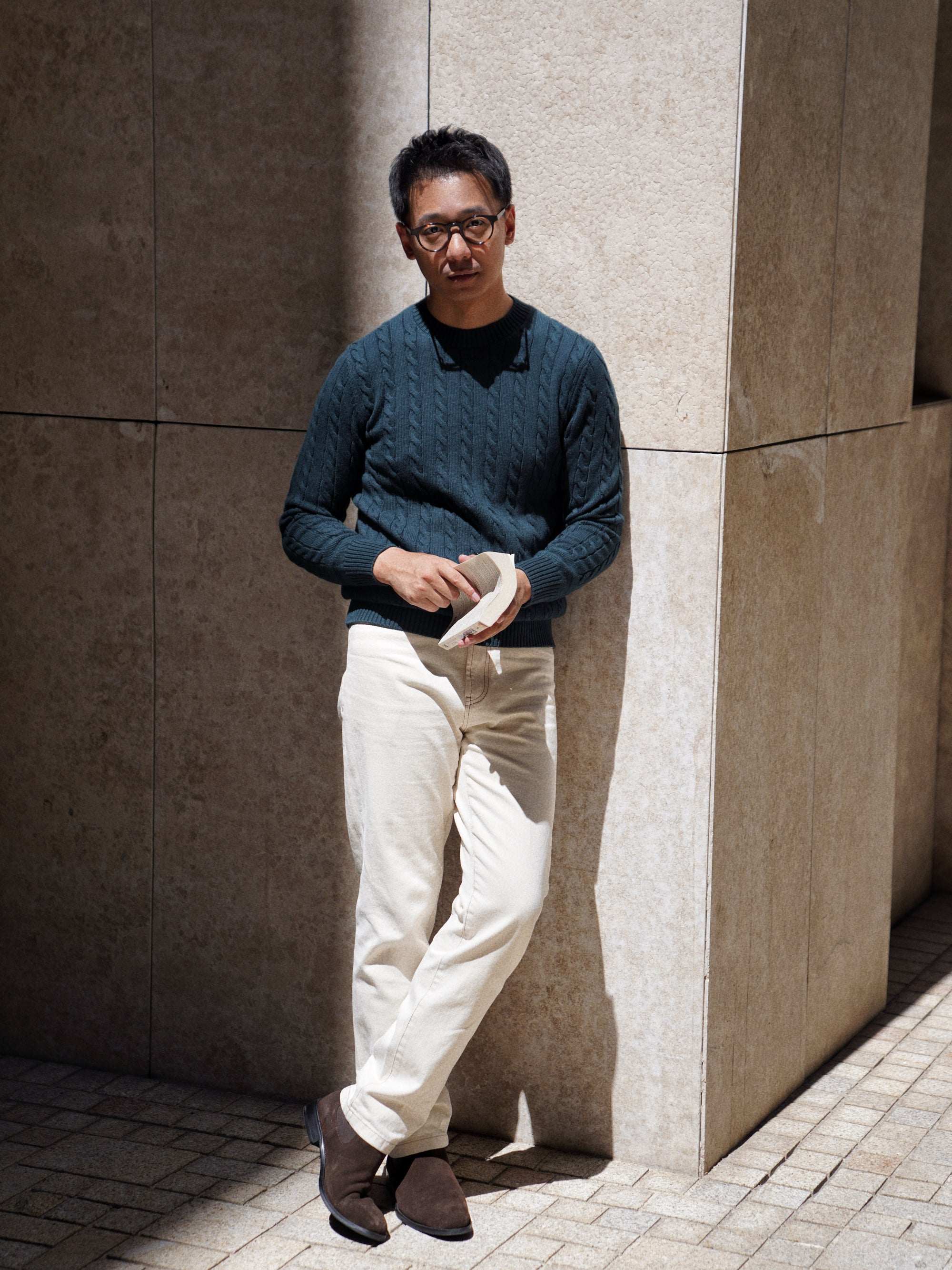 Burgundy / Forest Crew Neck Cable Knit Jumper