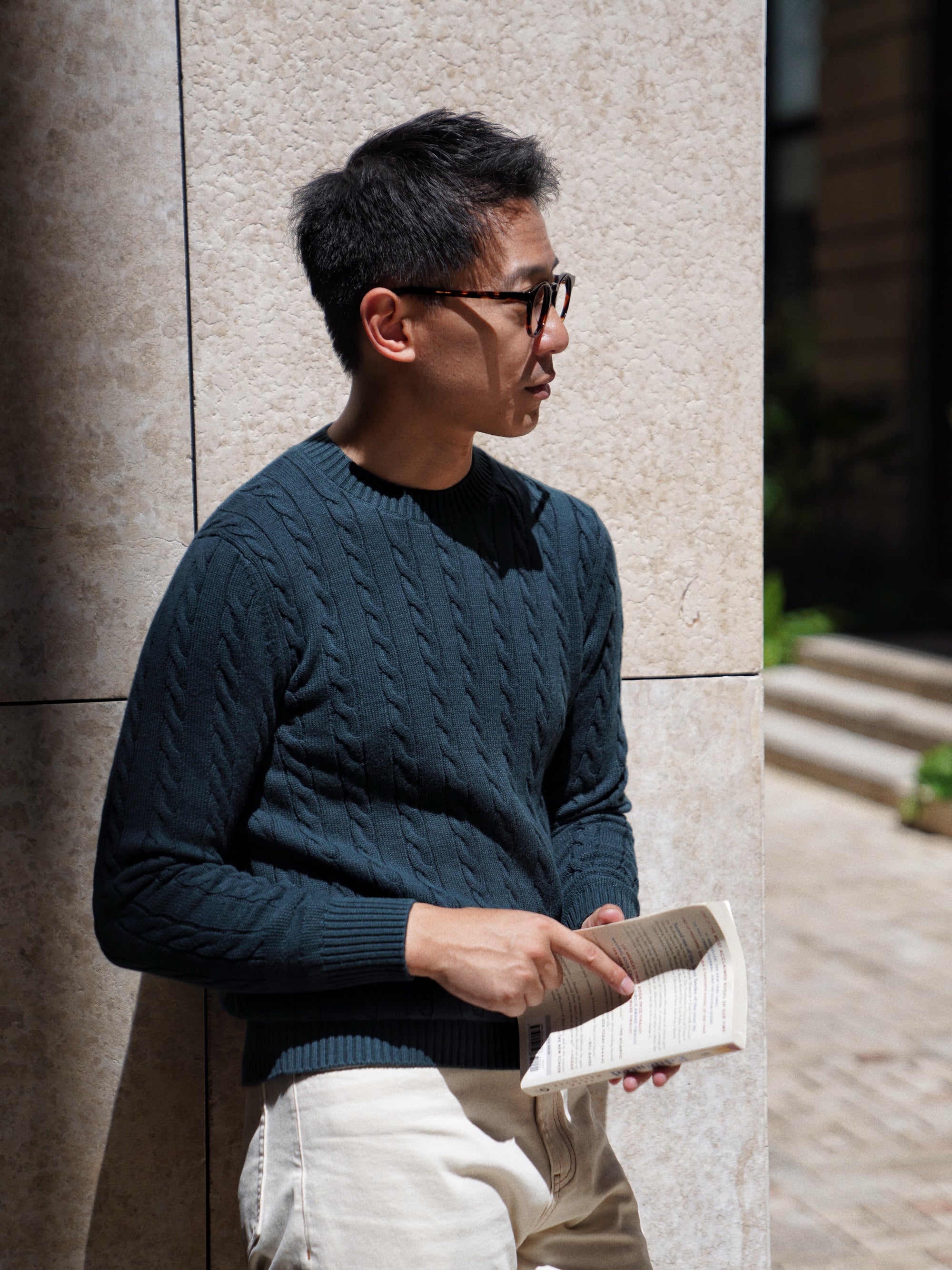 Burgundy / Forest Crew Neck Cable Knit Jumper