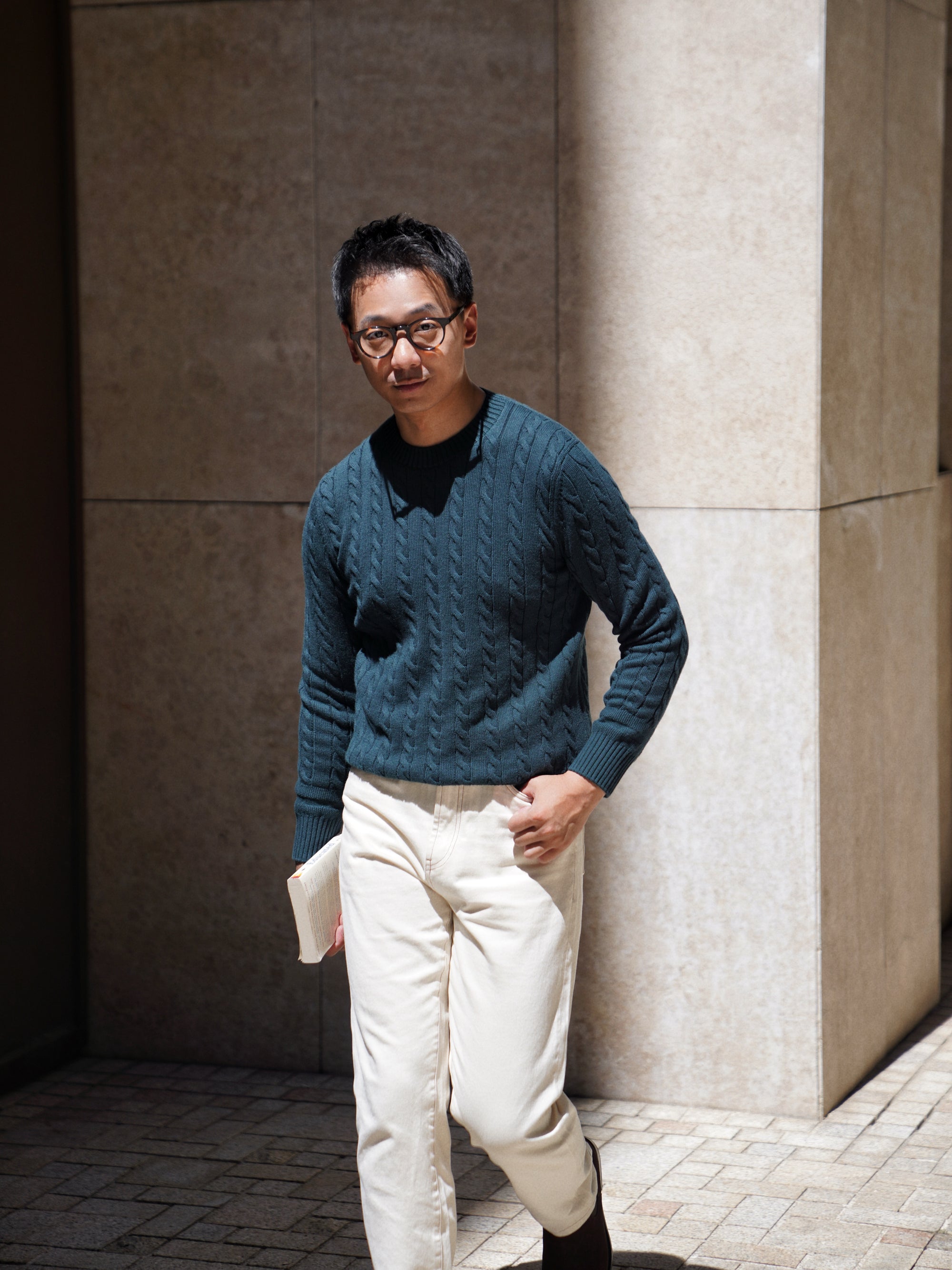 Burgundy / Forest Crew Neck Cable Knit Jumper