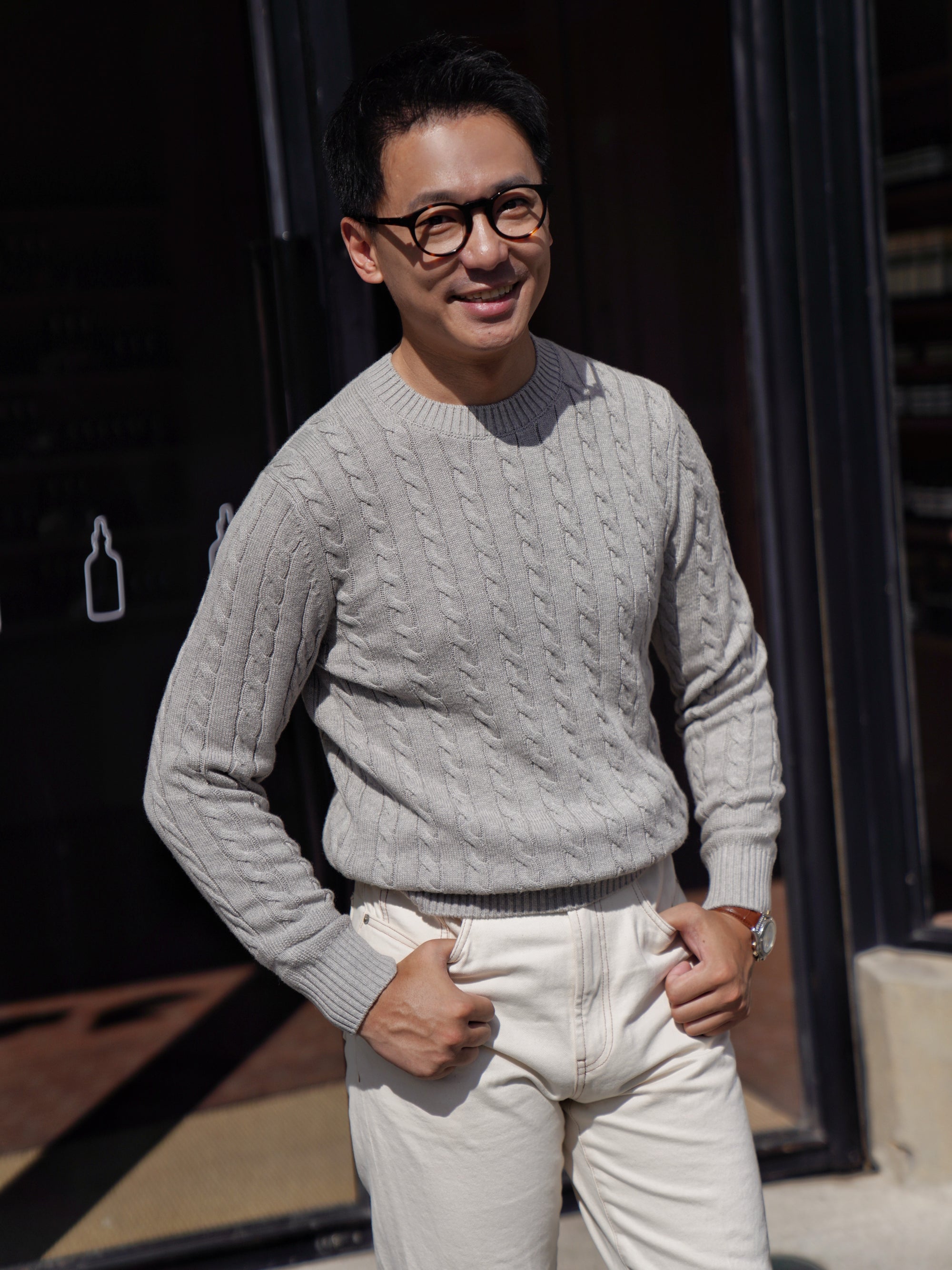 Ivory / Navy / Grey Crew Neck Cable Knit Jumper