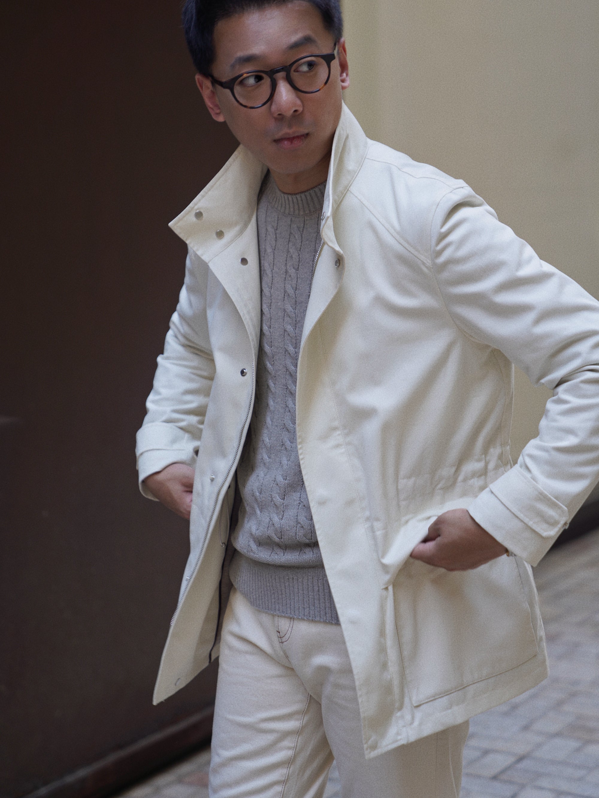 Ivory / Navy / Grey Crew Neck Cable Knit Jumper
