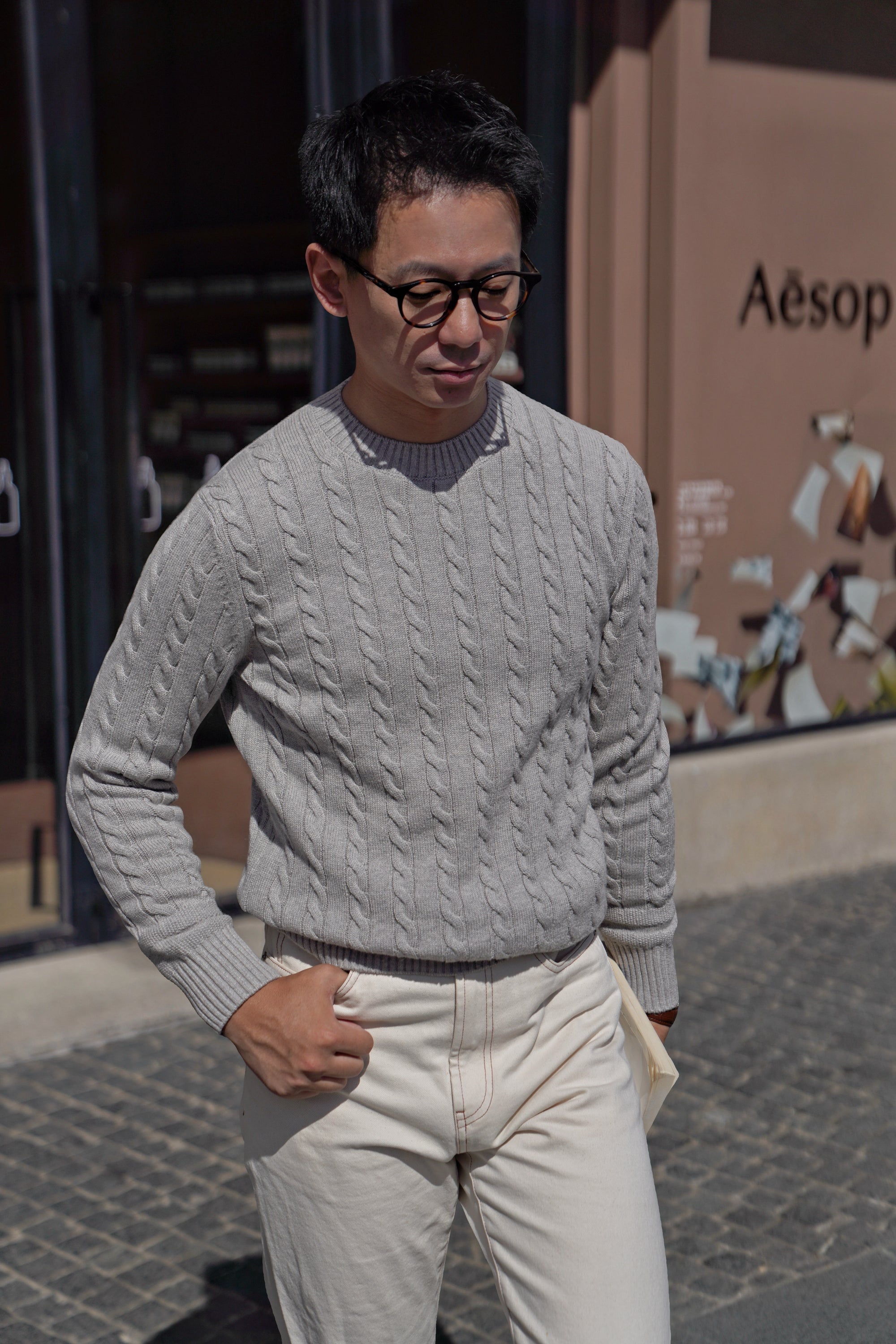 Ivory / Navy / Grey Crew Neck Cable Knit Jumper