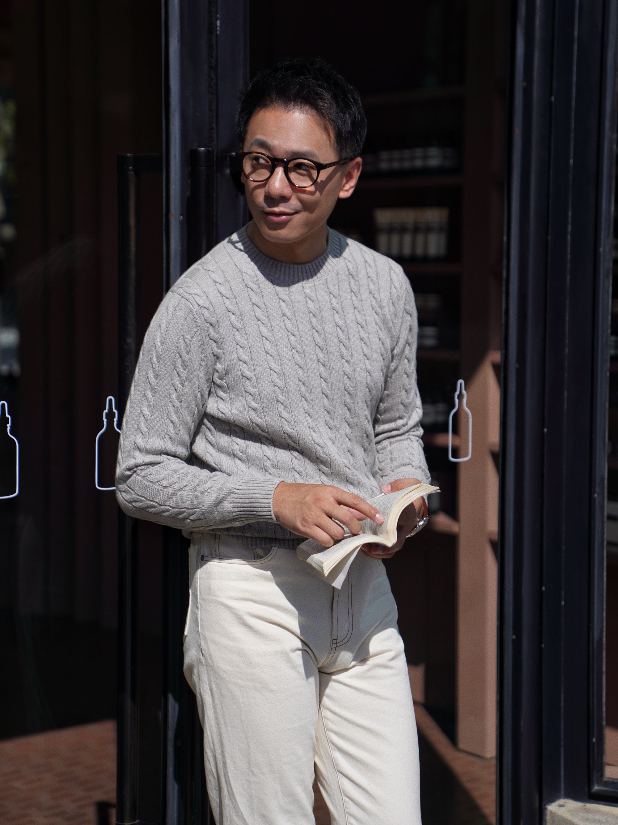 Ivory / Navy / Grey Crew Neck Cable Knit Jumper