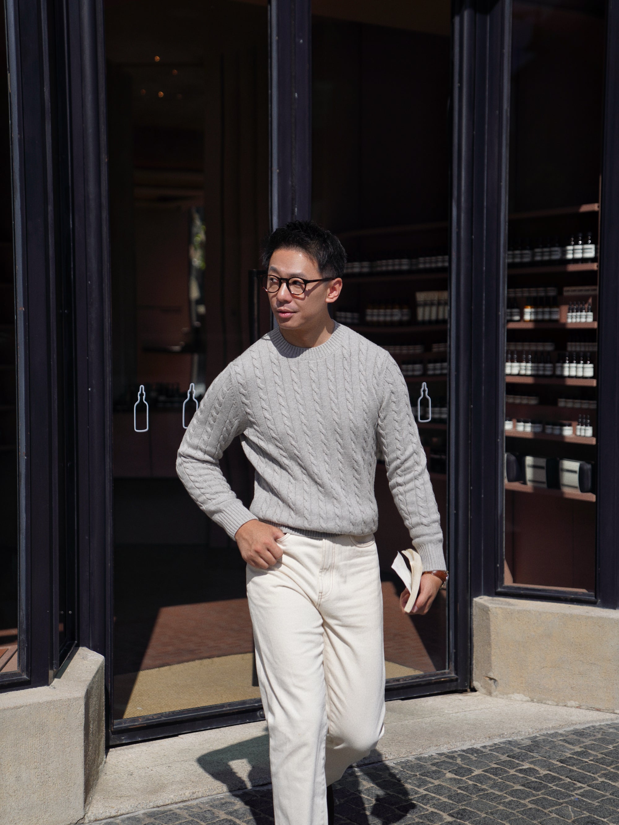 Ivory / Navy / Grey Crew Neck Cable Knit Jumper