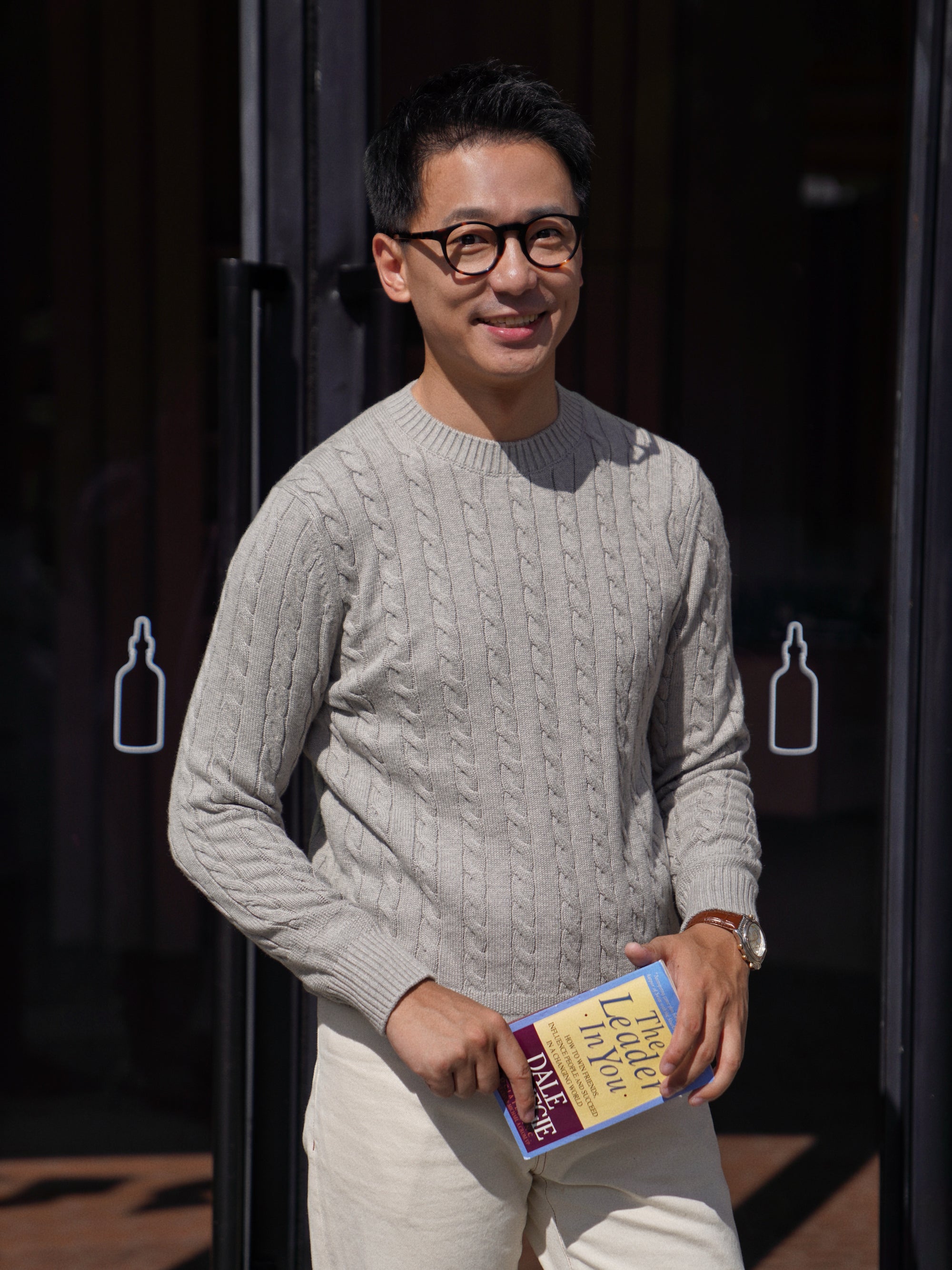Ivory / Navy / Grey Crew Neck Cable Knit Jumper