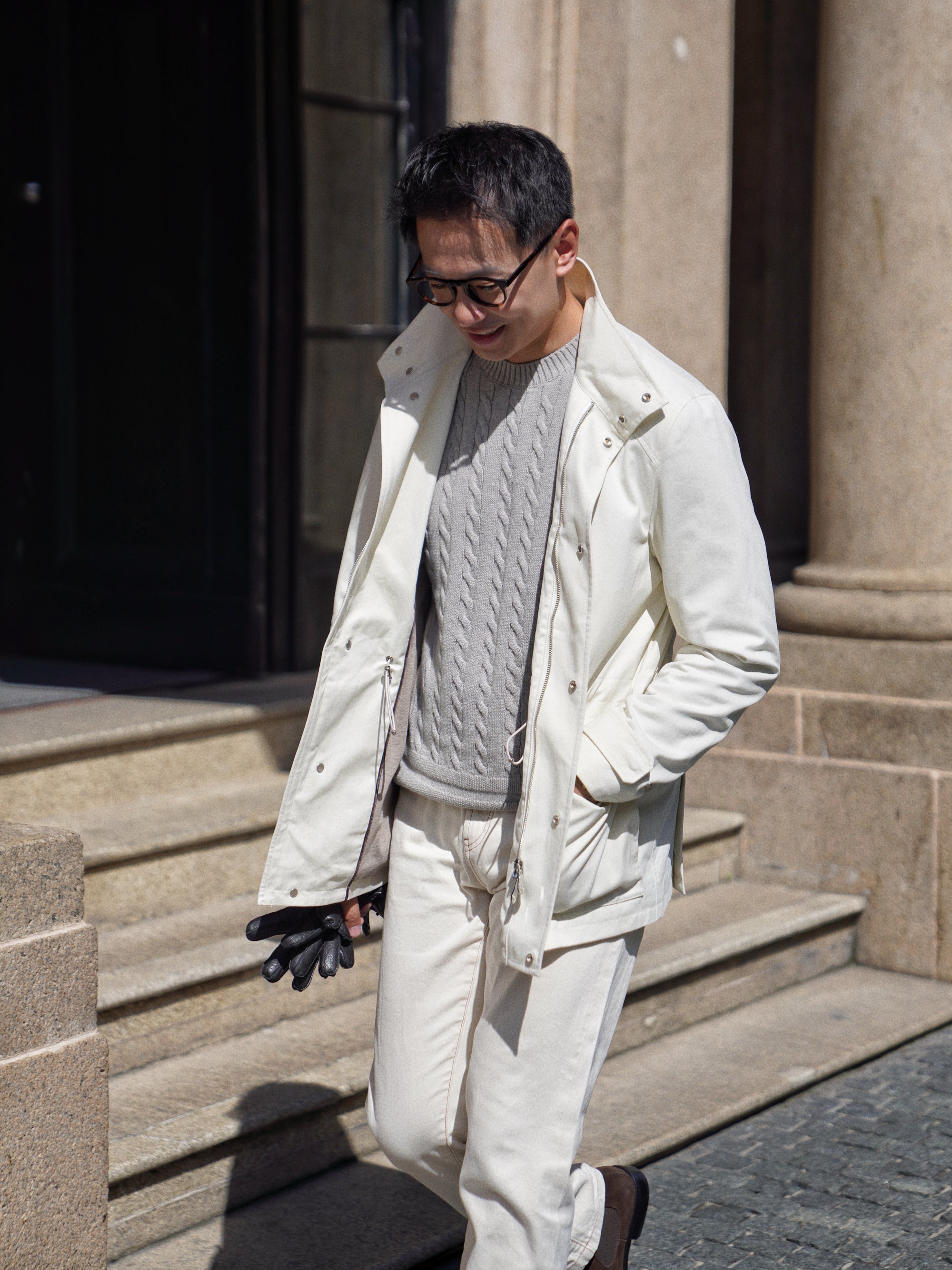 Ivory / Navy / Grey Crew Neck Cable Knit Jumper