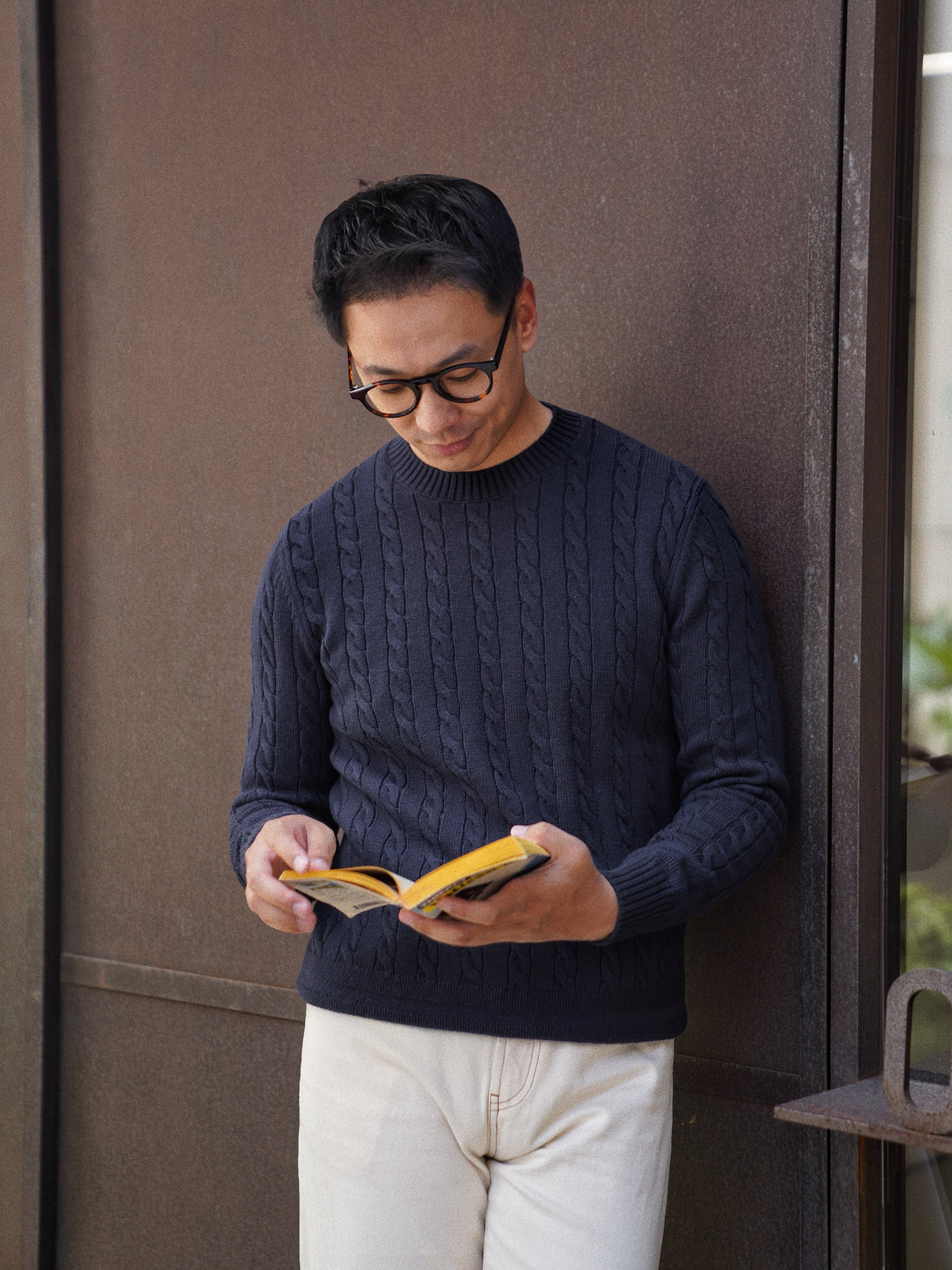 Ivory / Navy / Grey Crew Neck Cable Knit Jumper