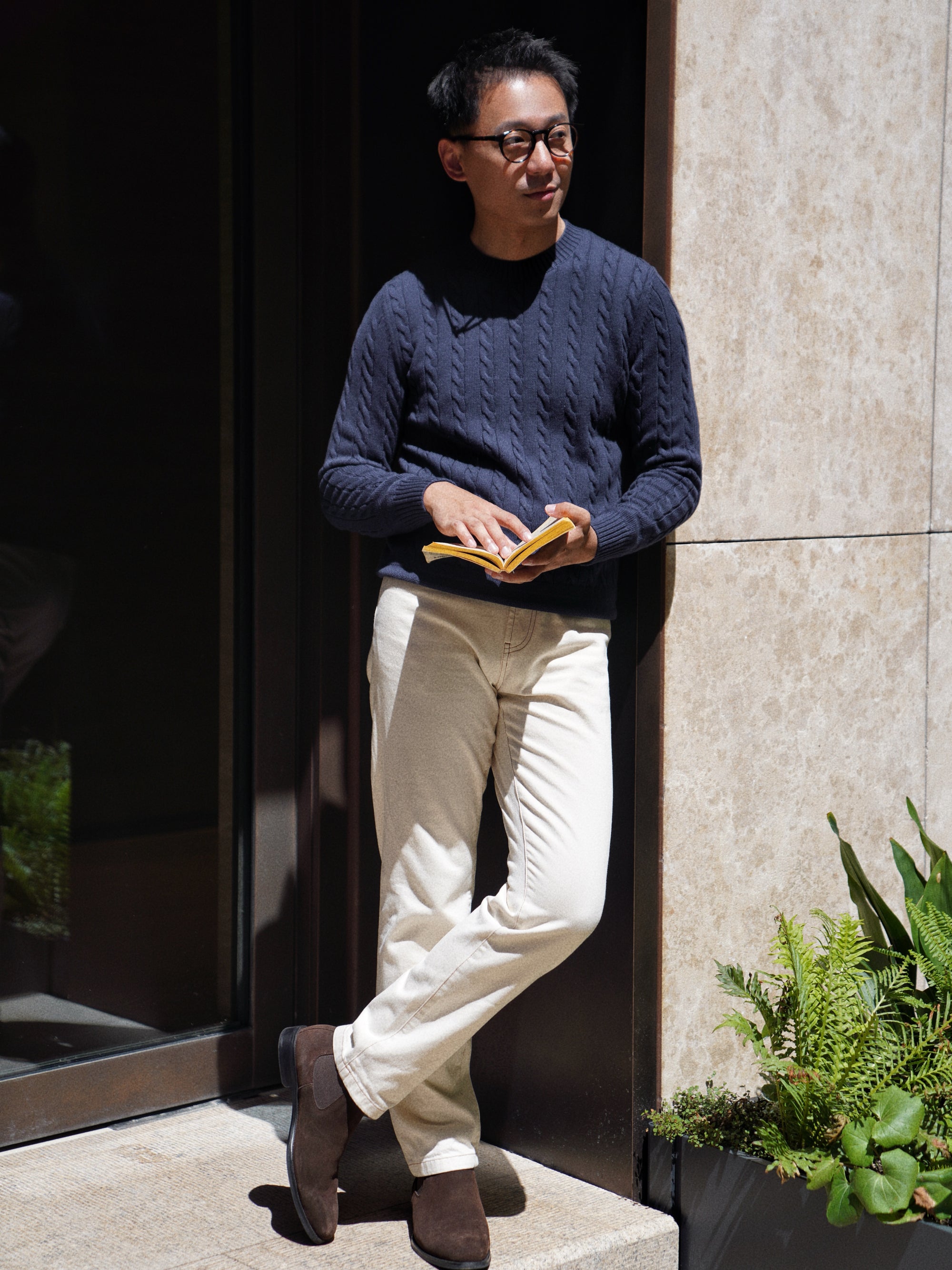 Ivory / Navy / Grey Crew Neck Cable Knit Jumper