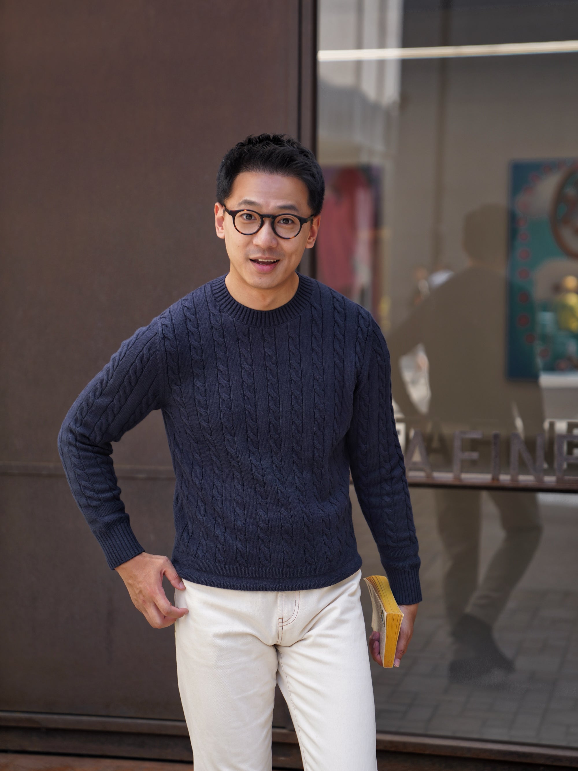 Ivory / Navy / Grey Crew Neck Cable Knit Jumper