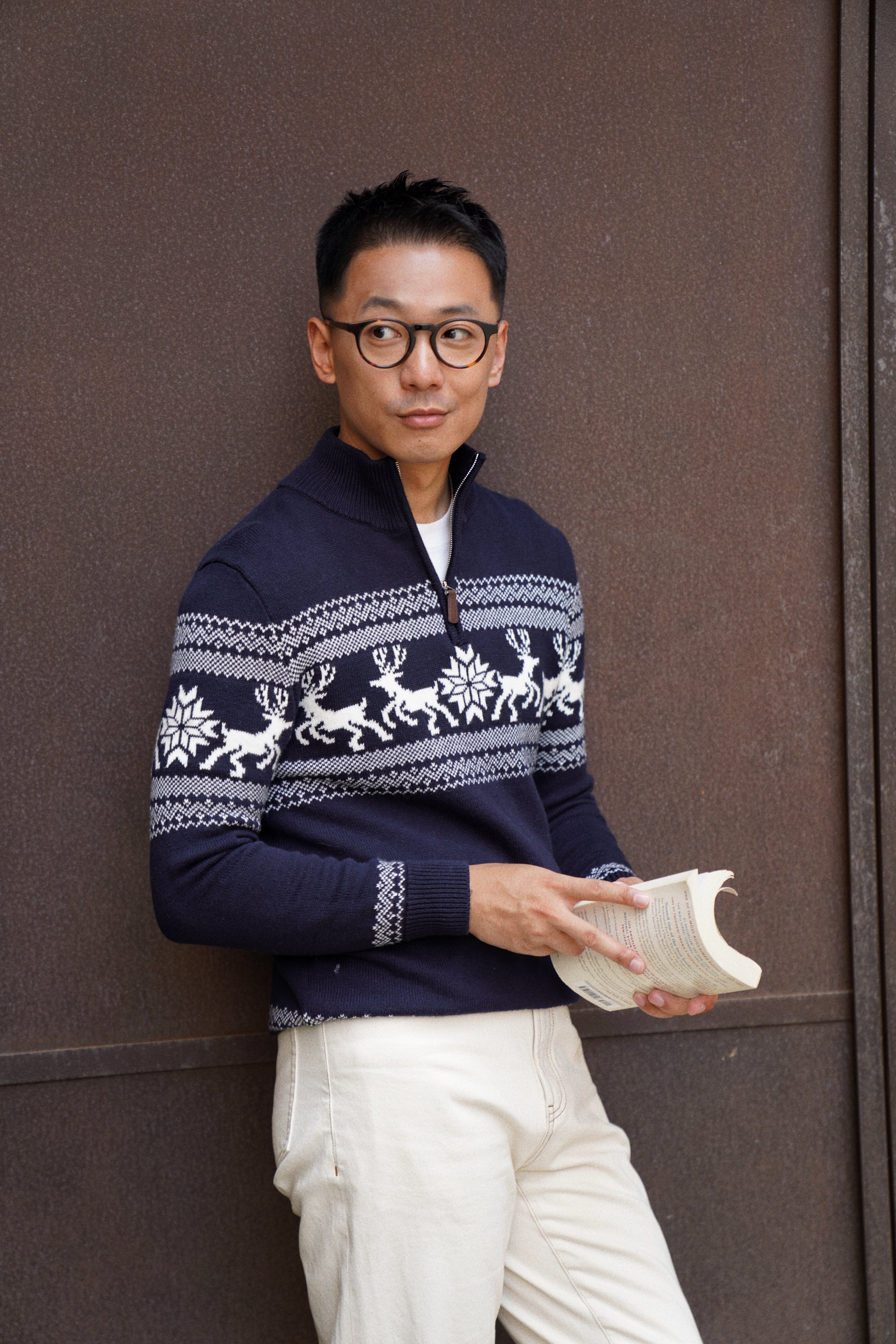 Cotton Wool Blending Patterned Half Zip Jumper
