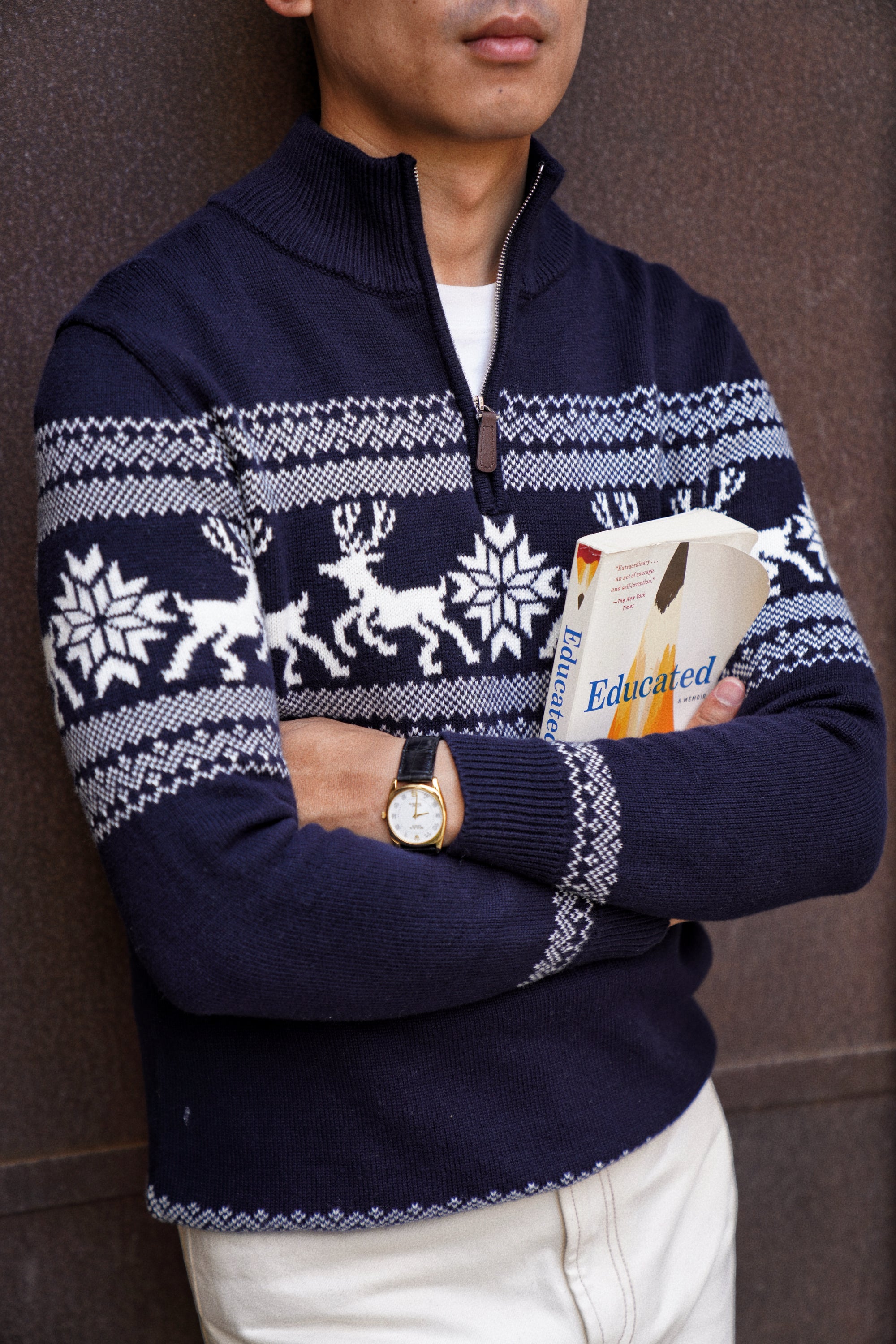 Cotton Wool Blending Patterned Half Zip Jumper