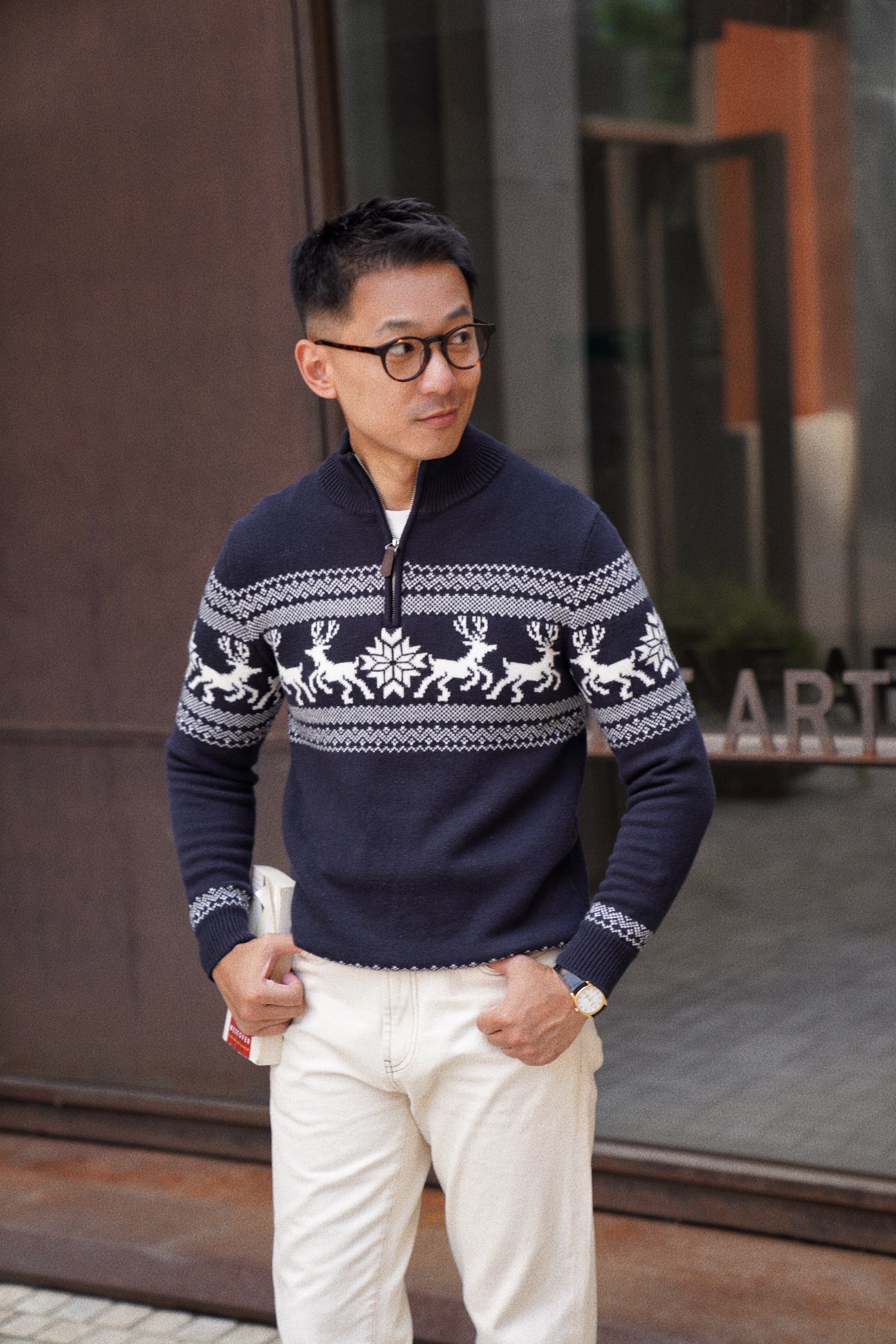 Cotton Wool Blending Patterned Half Zip Jumper