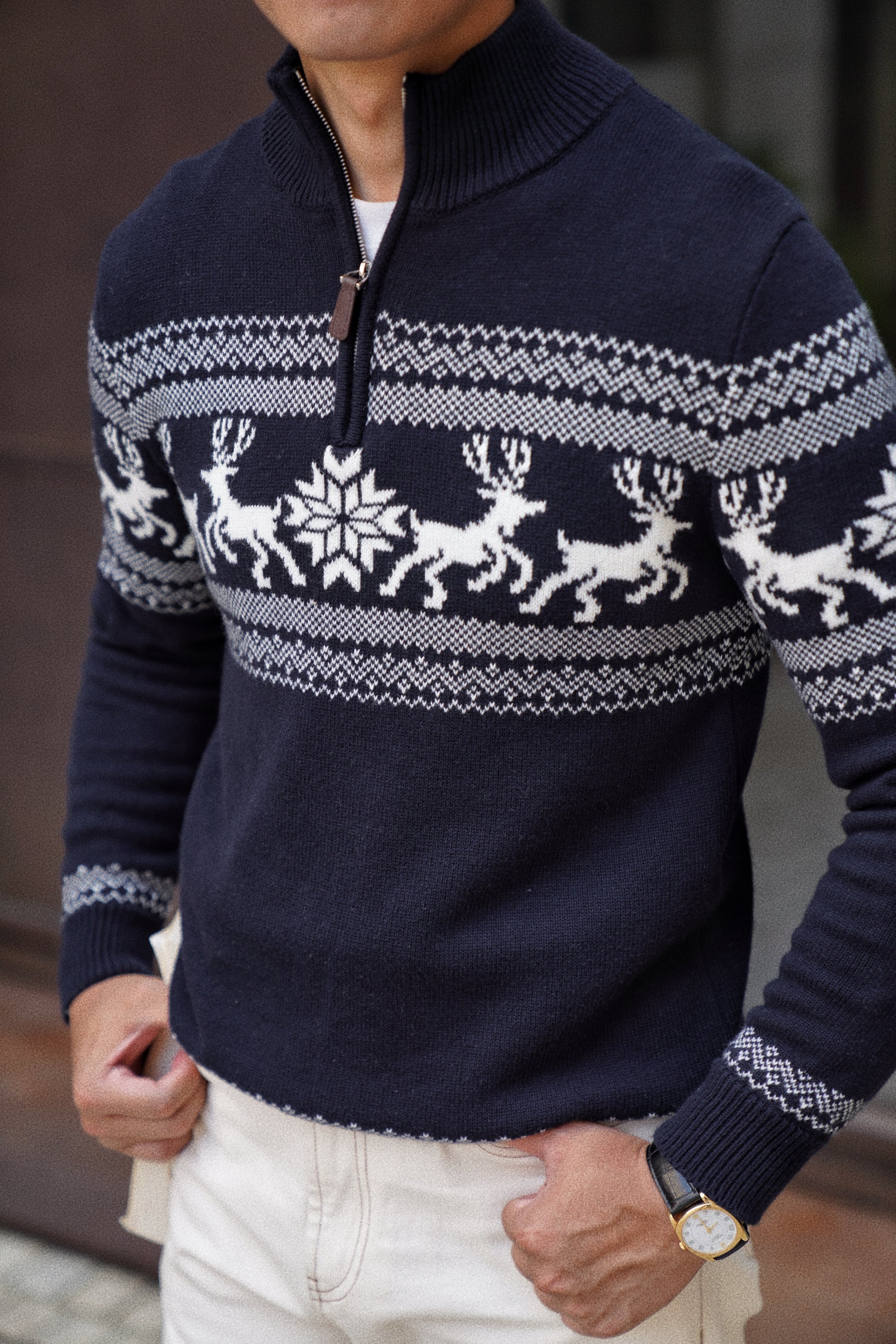 Cotton Wool Blending Patterned Half Zip Jumper