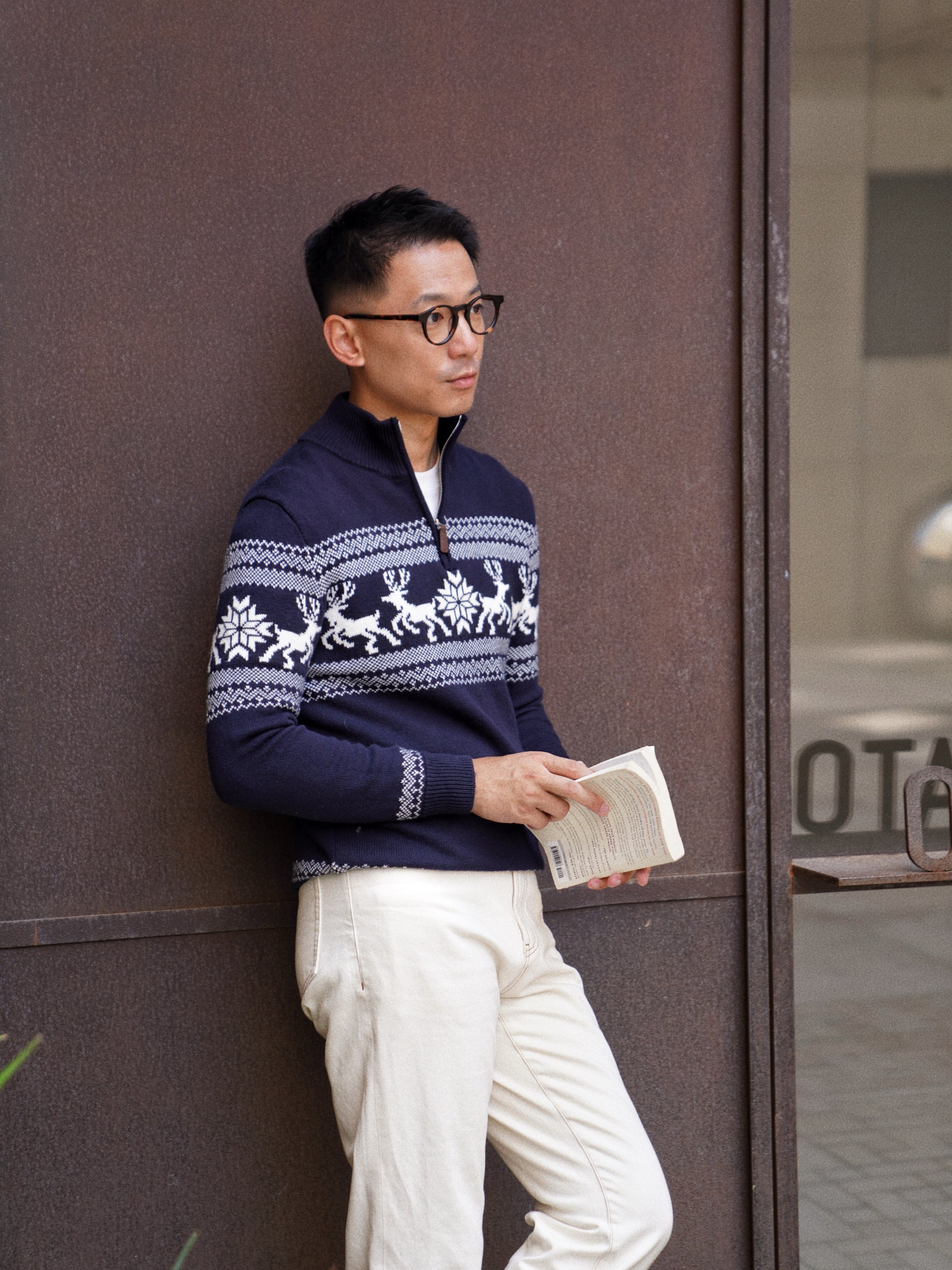 Cotton Wool Blending Patterned Half Zip Jumper