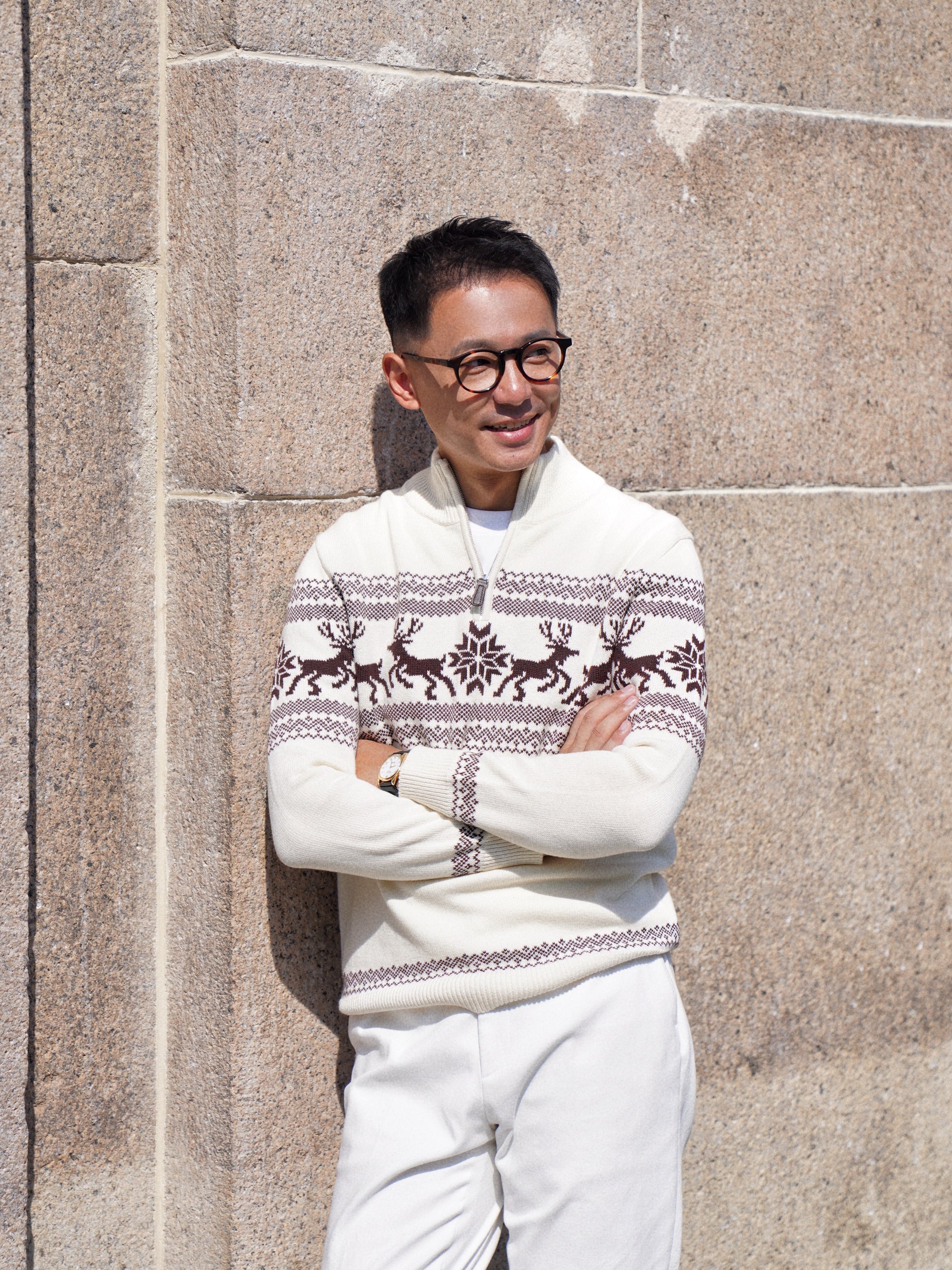 Cotton Wool Blending Patterned Half Zip Jumper