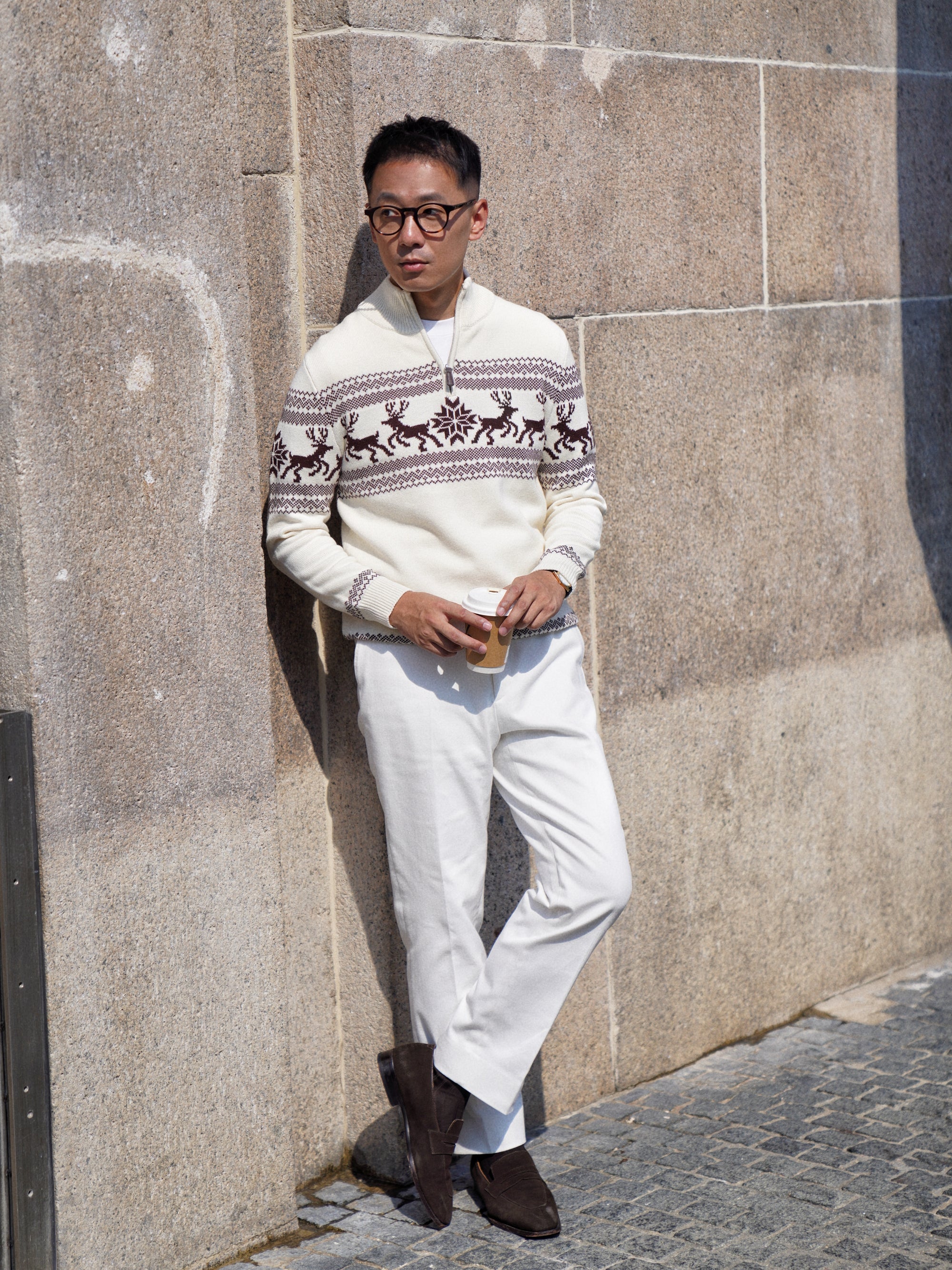 Cotton Wool Blending Patterned Half Zip Jumper