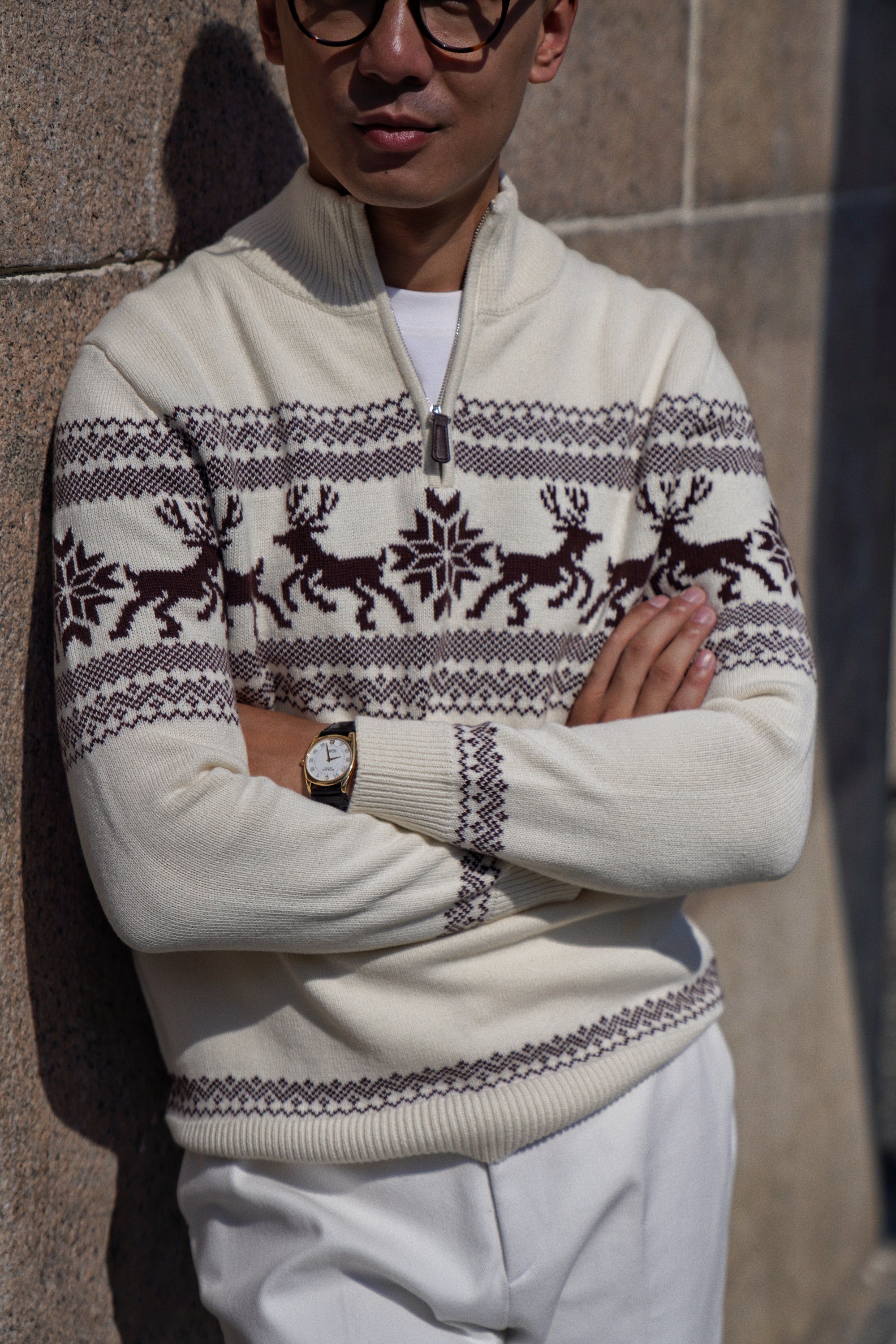 Cotton Wool Blending Patterned Half Zip Jumper