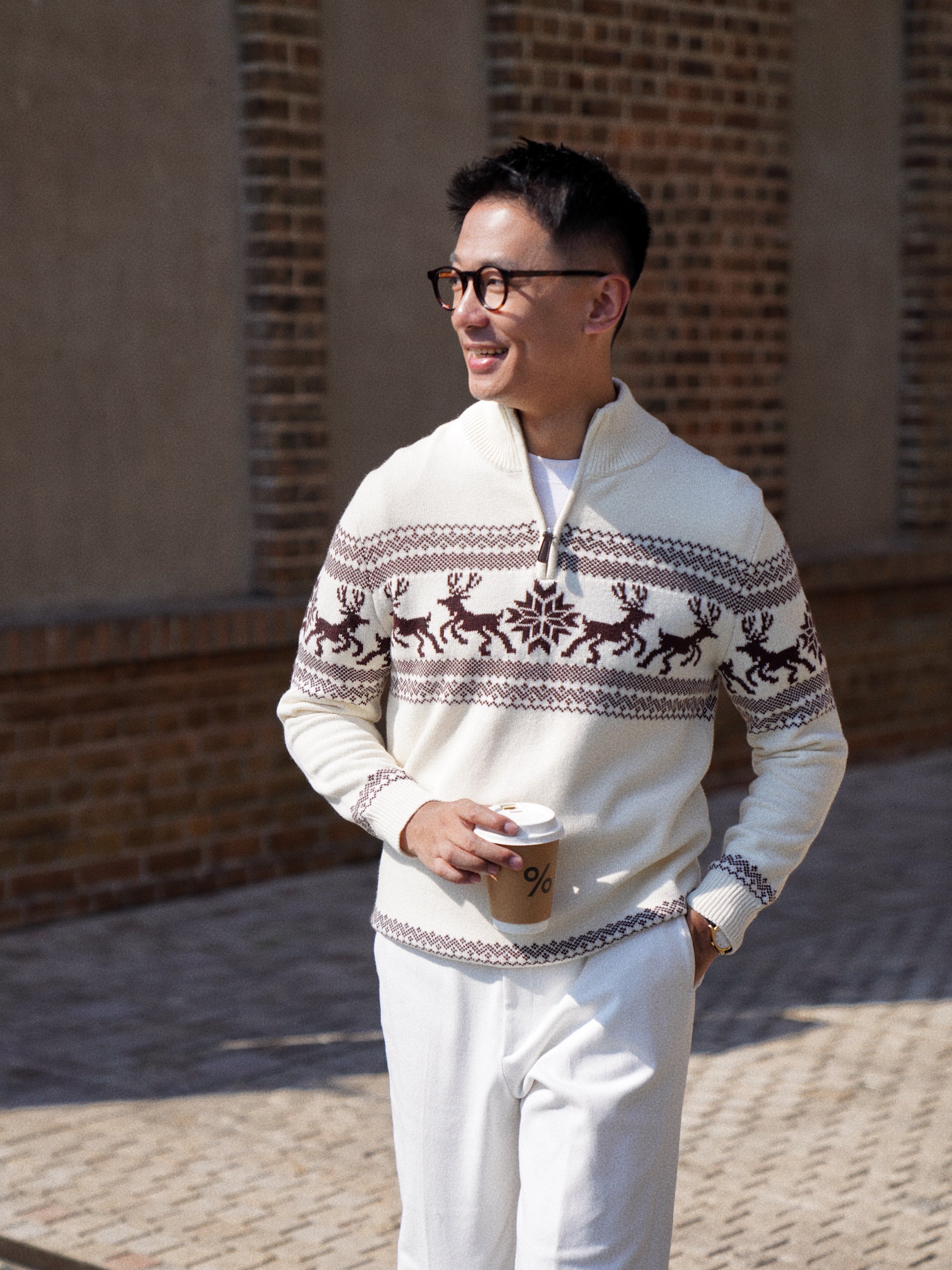 Cotton Wool Blending Patterned Half Zip Jumper