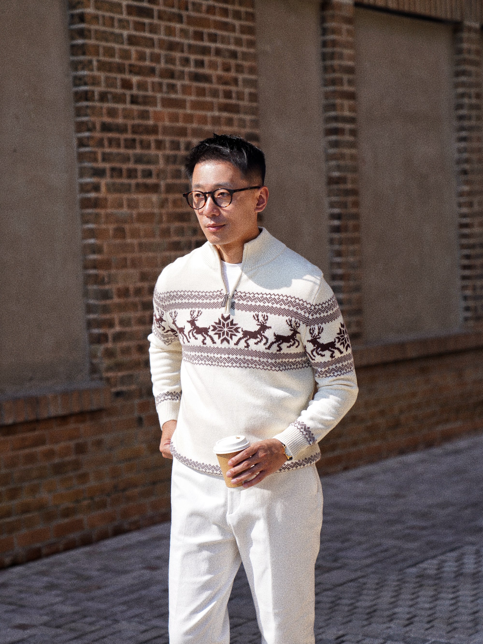 Cotton Wool Blending Patterned Half Zip Jumper