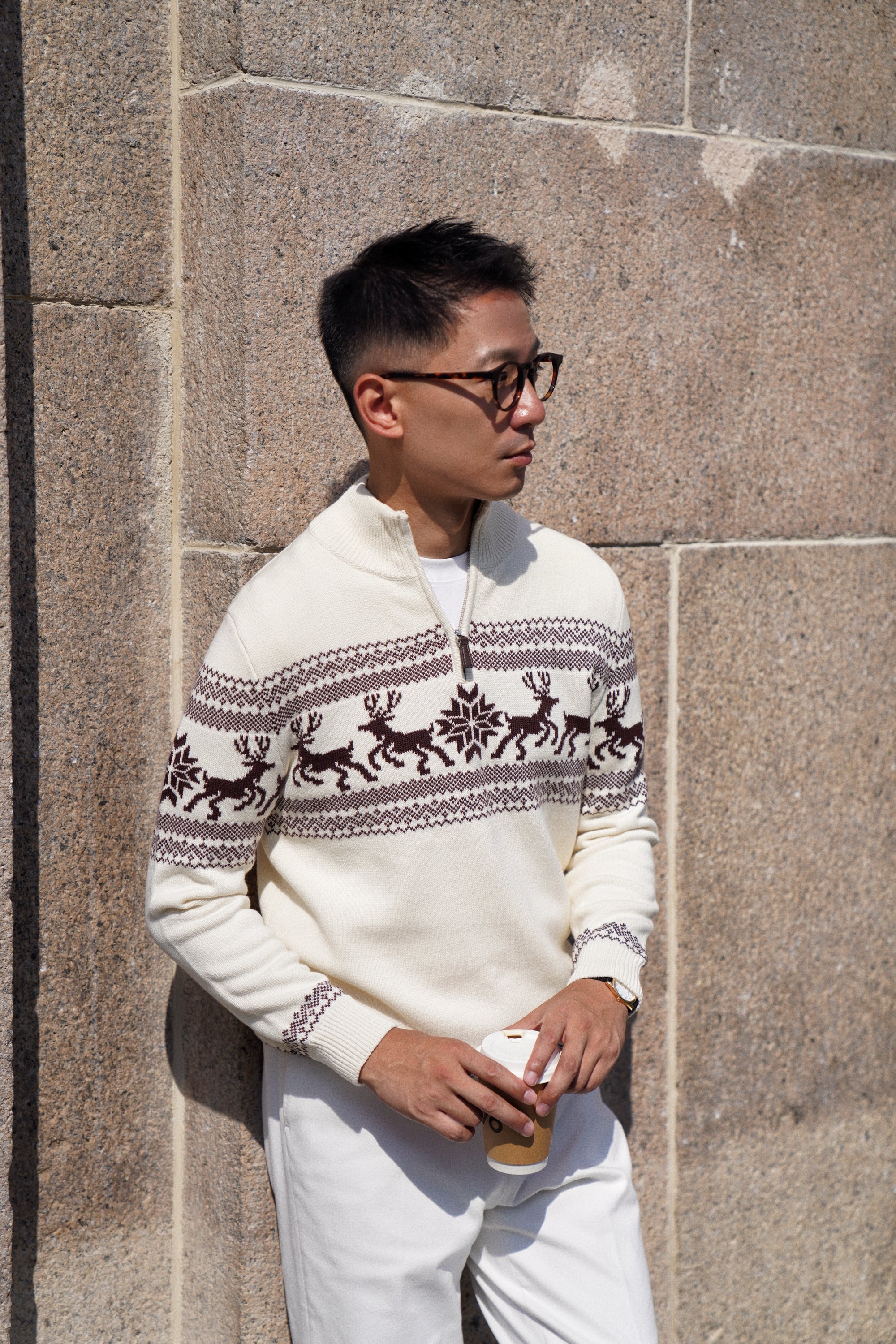 Cotton Wool Blending Patterned Half Zip Jumper
