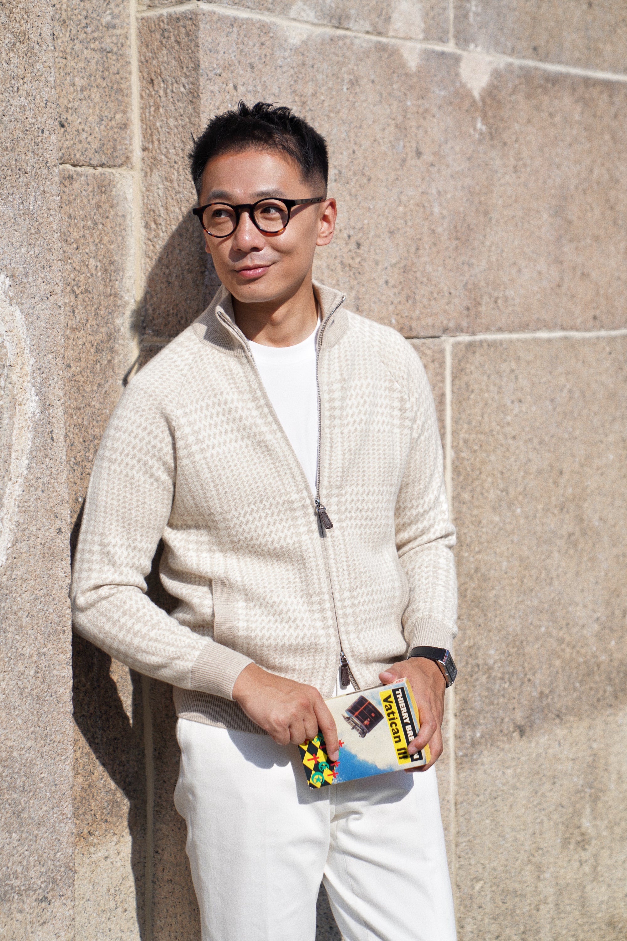 Camel Glen Check 17 Micron Wool Zip Cardigan