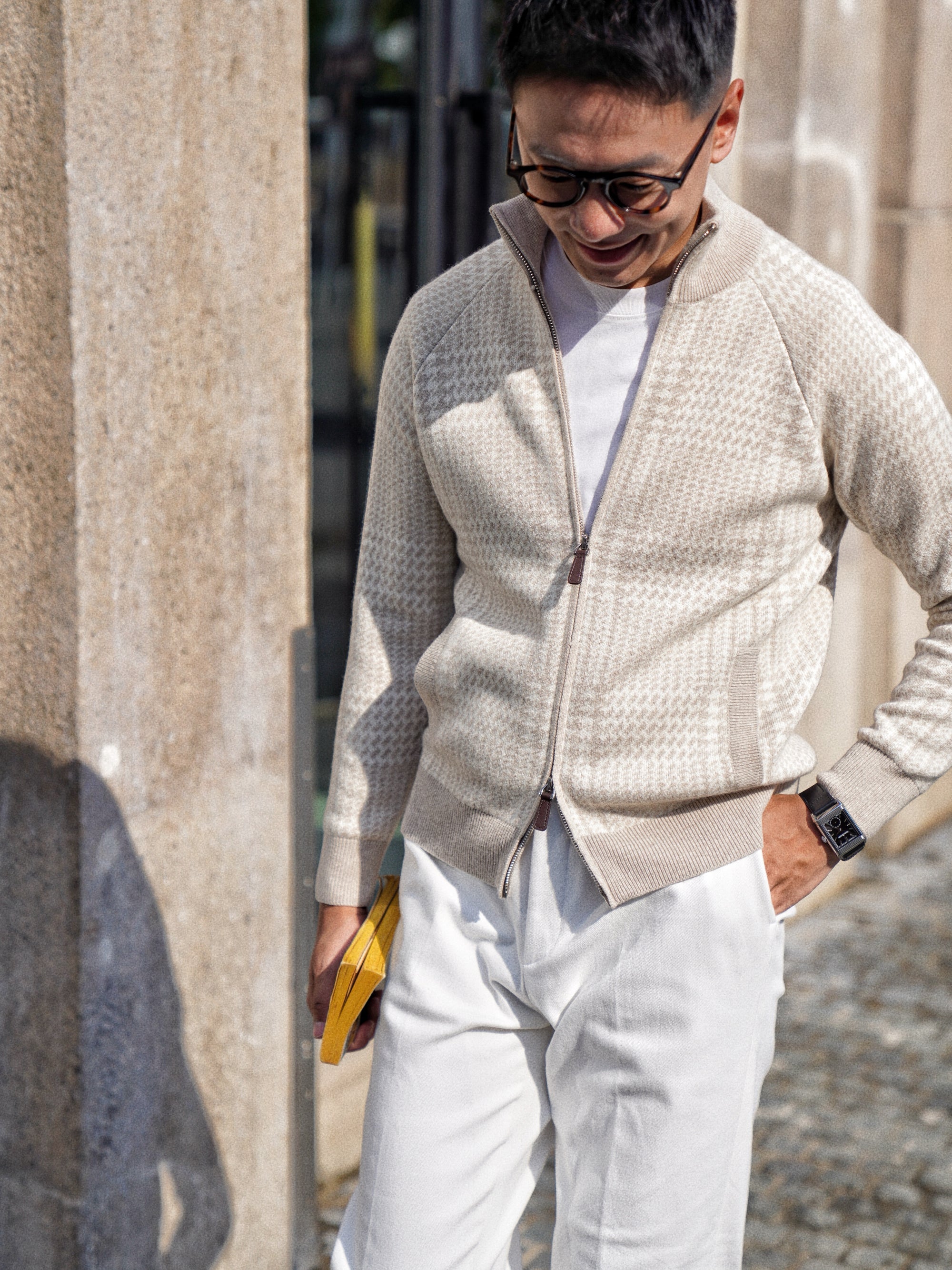 Camel Glen Check 17 Micron Wool Zip Cardigan