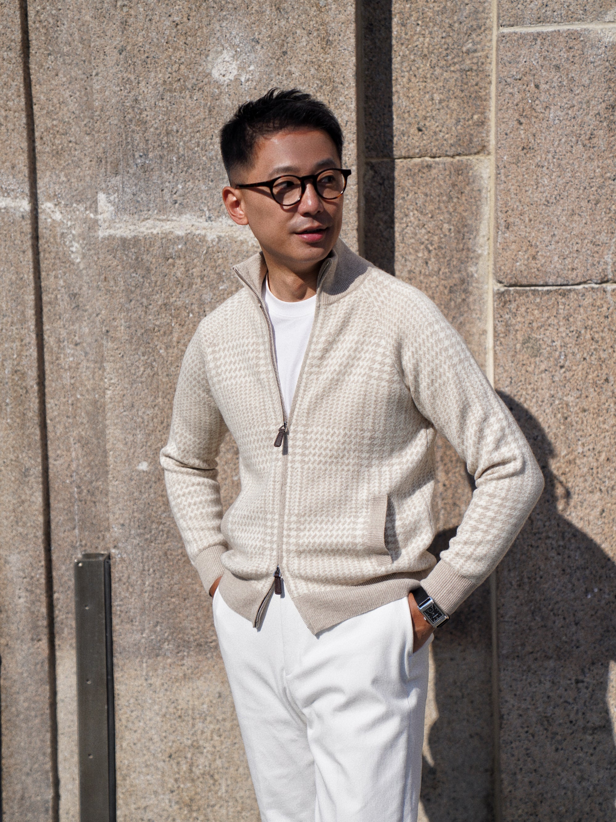 Camel Glen Check 17 Micron Wool Zip Cardigan