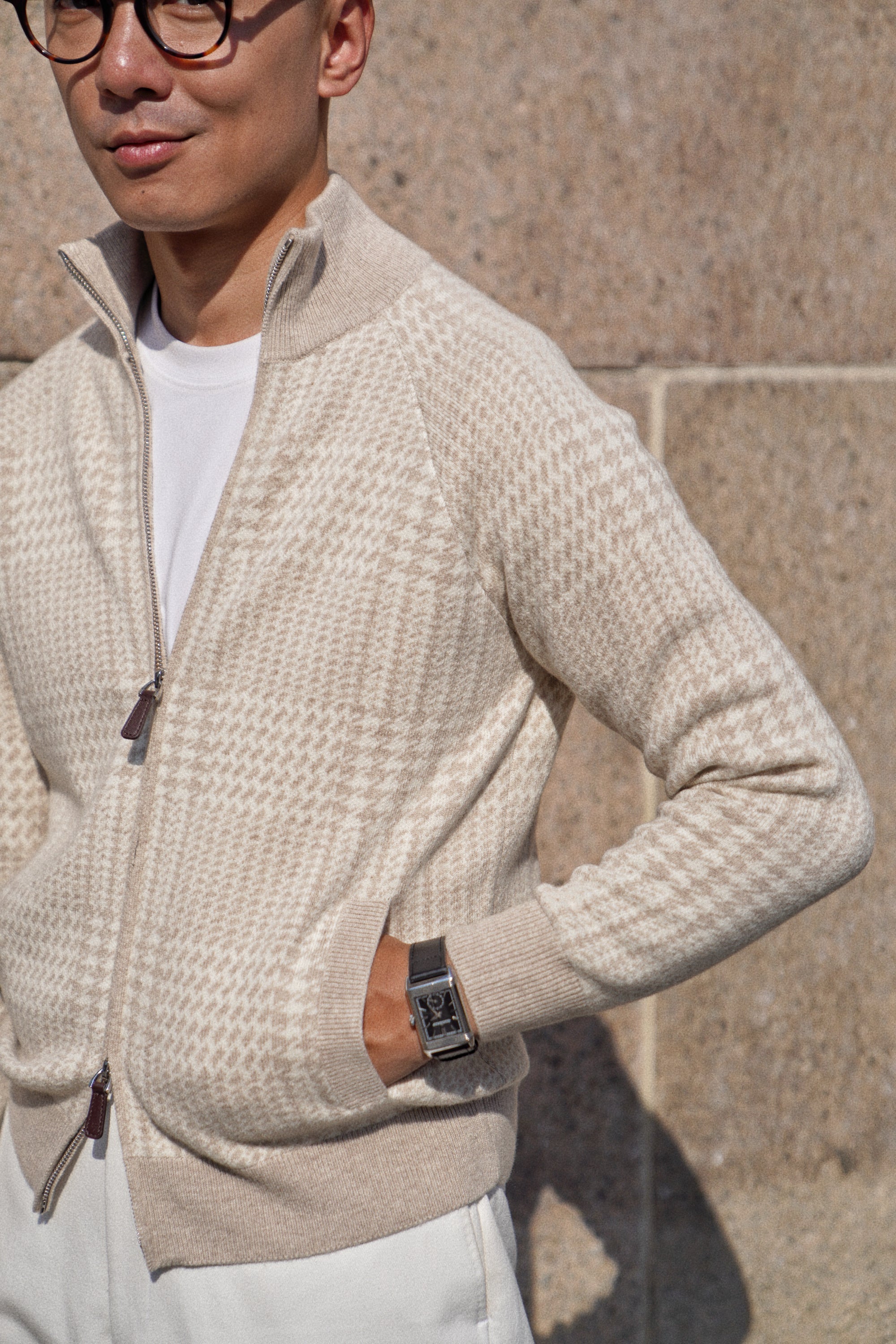 Camel Glen Check 17 Micron Wool Zip Cardigan