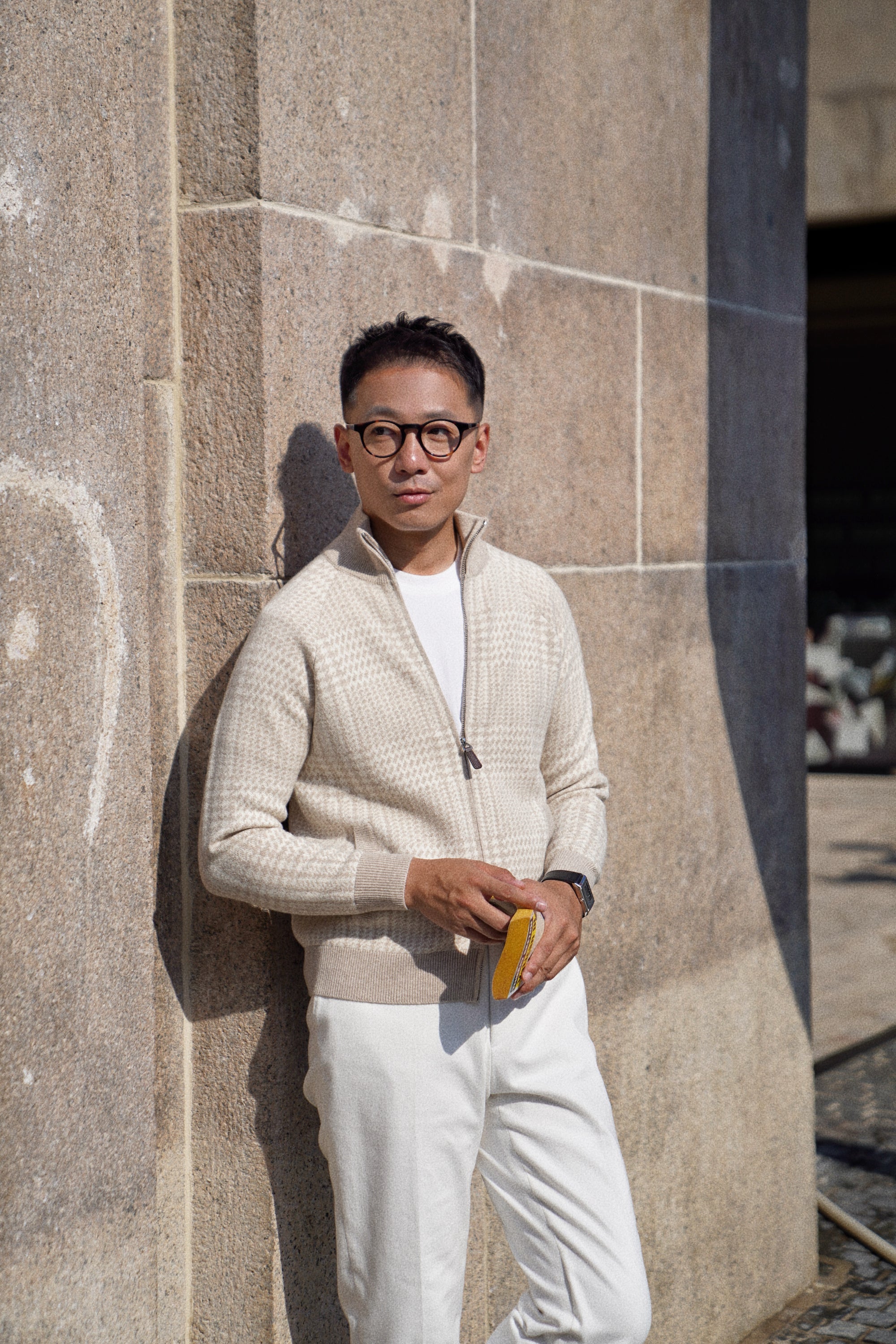 Camel Glen Check 17 Micron Wool Zip Cardigan