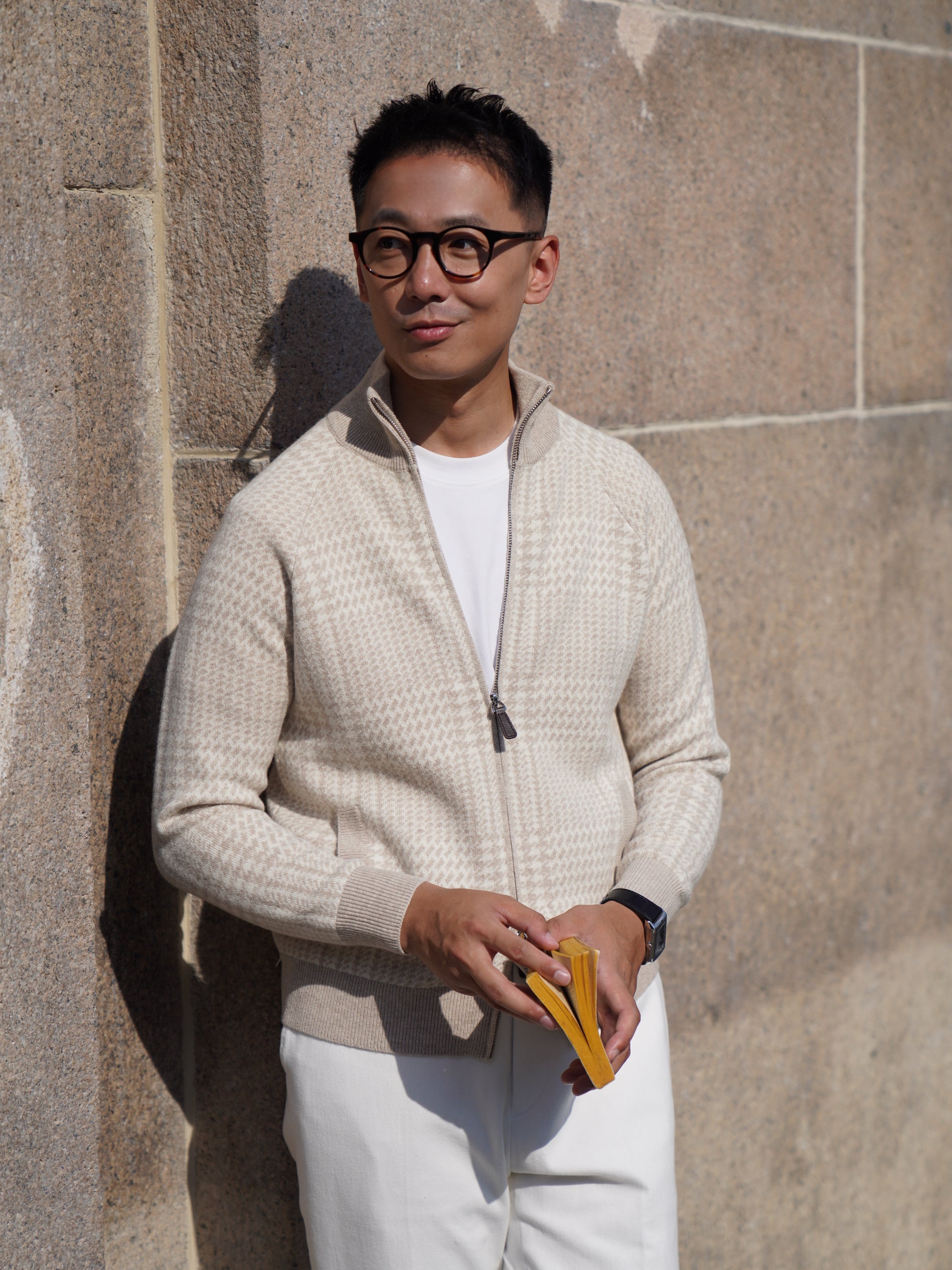 Camel Glen Check 17 Micron Wool Zip Cardigan