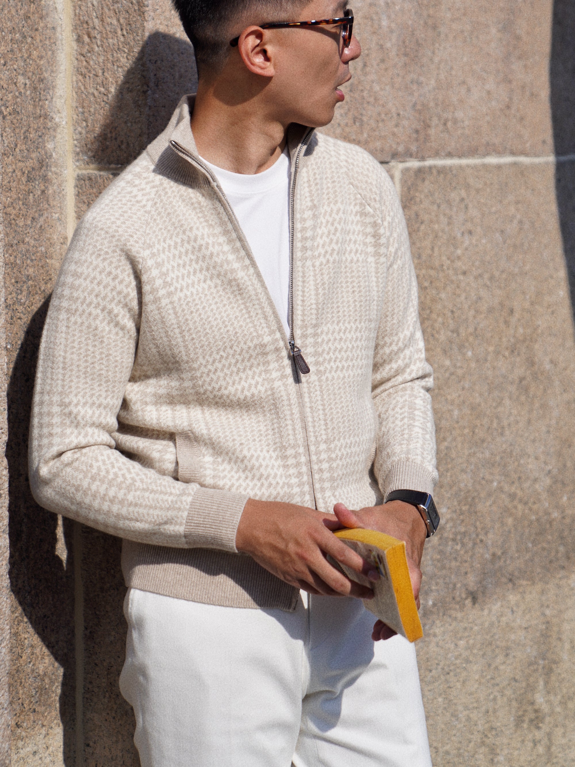 Camel Glen Check 17 Micron Wool Zip Cardigan